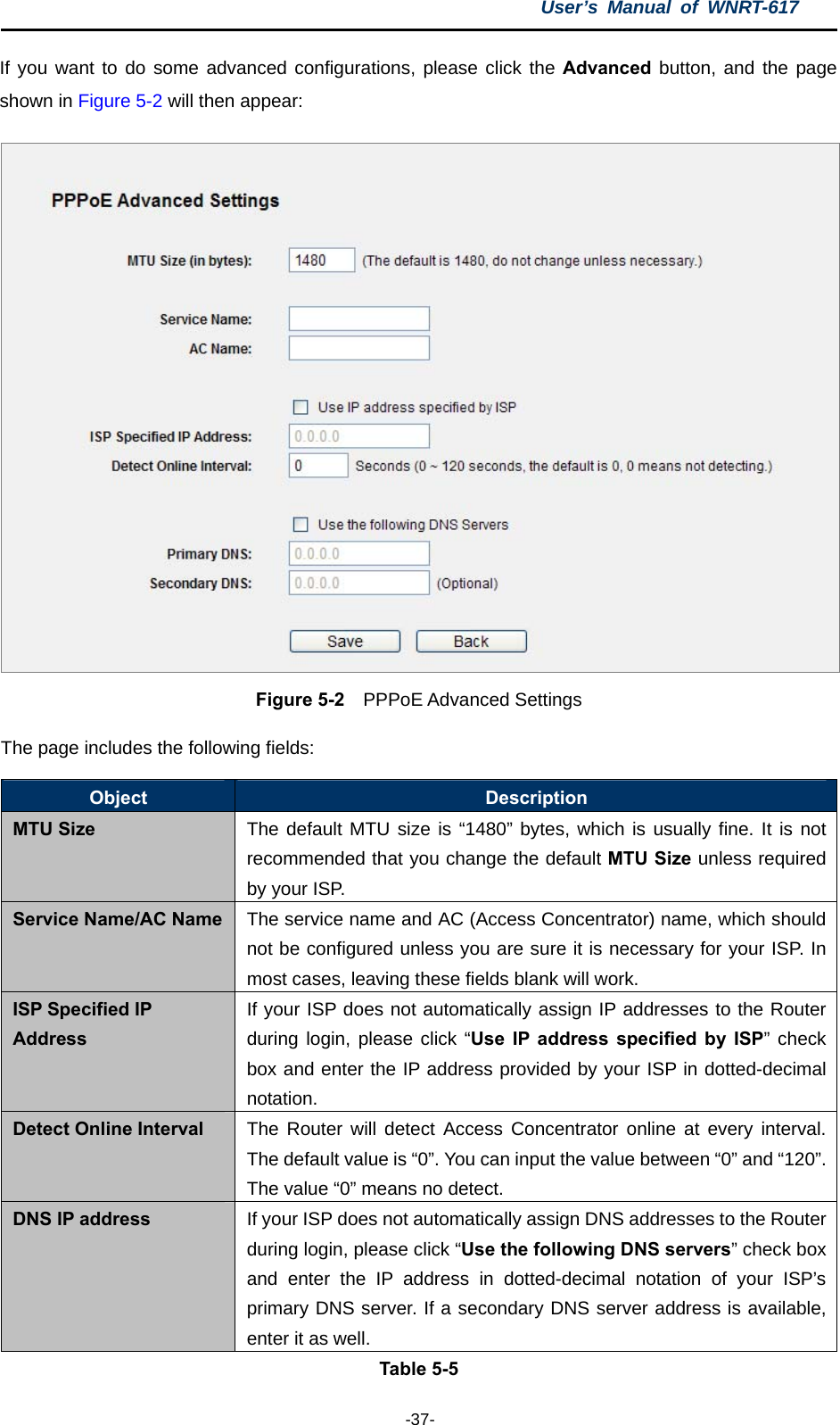 User’s Manual of WNRT-617  -37- If you want to do some advanced configurations, please click the Advanced  button, and the page shown in Figure 5-2 will then appear:  Figure 5-2  PPPoE Advanced Settings The page includes the following fields: Object  Description MTU Size  The default MTU size is “1480” bytes, which is usually fine. It is not recommended that you change the default MTU Size unless required by your ISP. Service Name/AC Name  The service name and AC (Access Concentrator) name, which should not be configured unless you are sure it is necessary for your ISP. In most cases, leaving these fields blank will work. ISP Specified IP Address If your ISP does not automatically assign IP addresses to the Router during login, please click “Use IP address specified by ISP” check box and enter the IP address provided by your ISP in dotted-decimal notation. Detect Online Interval  The Router will detect Access Concentrator online at every interval. The default value is “0”. You can input the value between “0” and “120”. The value “0” means no detect. DNS IP address  If your ISP does not automatically assign DNS addresses to the Router during login, please click “Use the following DNS servers” check box and enter the IP address in dotted-decimal notation of your ISP’s primary DNS server. If a secondary DNS server address is available, enter it as well. Table 5-5 