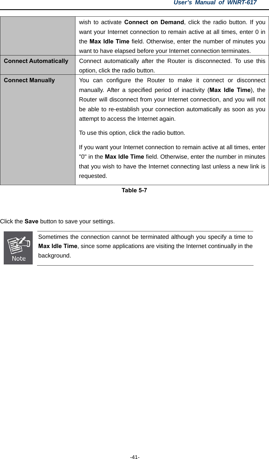 User’s Manual of WNRT-617  -41- wish to activate Connect on Demand, click the radio button. If you want your Internet connection to remain active at all times, enter 0 in the Max Idle Time field. Otherwise, enter the number of minutes you want to have elapsed before your Internet connection terminates. Connect Automatically  Connect automatically after the Router is disconnected. To use this option, click the radio button. Connect Manually  You can configure the Router to make it connect or disconnect manually. After a specified period of inactivity (Max Idle Time), the Router will disconnect from your Internet connection, and you will not be able to re-establish your connection automatically as soon as you attempt to access the Internet again.   To use this option, click the radio button.   If you want your Internet connection to remain active at all times, enter &quot;0&quot; in the Max Idle Time field. Otherwise, enter the number in minutes that you wish to have the Internet connecting last unless a new link is requested. Table 5-7  Click the Save button to save your settings.  Sometimes the connection cannot be terminated although you specify a time to Max Idle Time, since some applications are visiting the Internet continually in the background.  