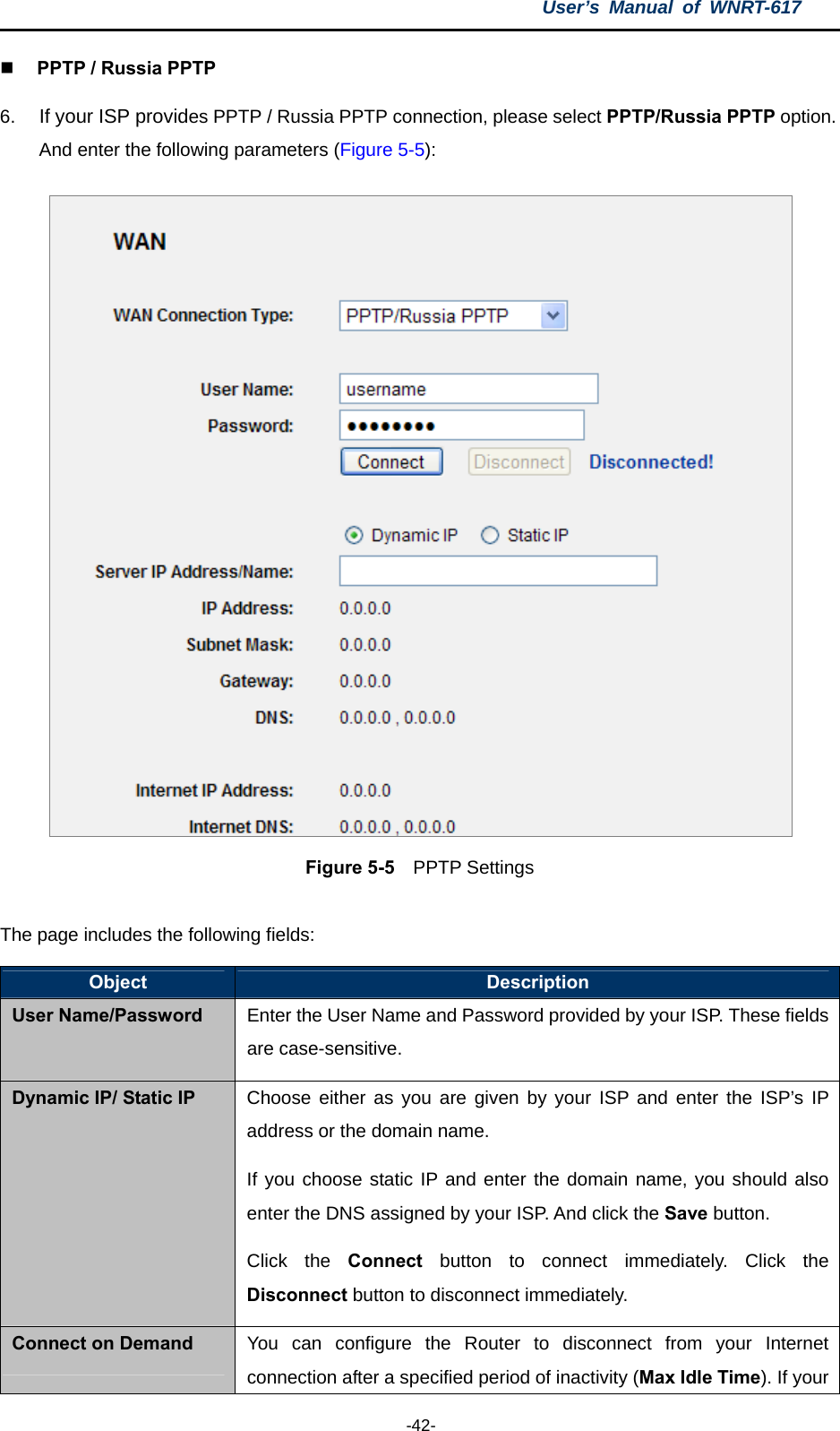 User’s Manual of WNRT-617  -42-  PPTP / Russia PPTP 6.  If your ISP provides PPTP / Russia PPTP connection, please select PPTP/Russia PPTP option. And enter the following parameters (Figure 5-5):  Figure 5-5  PPTP Settings  The page includes the following fields: Object  Description User Name/Password Enter the User Name and Password provided by your ISP. These fields are case-sensitive. Dynamic IP/ Static IP Choose either as you are given by your ISP and enter the ISP’s IP address or the domain name. If you choose static IP and enter the domain name, you should also enter the DNS assigned by your ISP. And click the Save button. Click the Connect button to connect immediately. Click the Disconnect button to disconnect immediately. Connect on Demand You can configure the Router to disconnect from your Internet connection after a specified period of inactivity (Max Idle Time). If your 