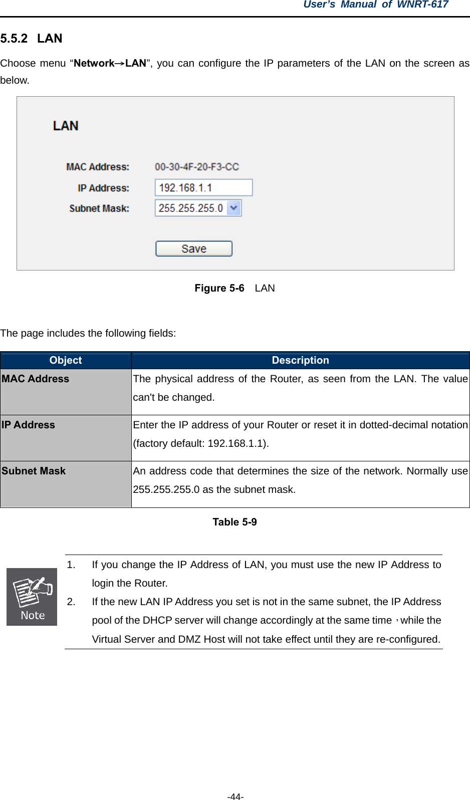 User’s Manual of WNRT-617  -44- 5.5.2  LAN Choose menu “Network→LAN”, you can configure the IP parameters of the LAN on the screen as below.  Figure 5-6  LAN  The page includes the following fields: Object  Description MAC Address The physical address of the Router, as seen from the LAN. The value can&apos;t be changed. IP Address Enter the IP address of your Router or reset it in dotted-decimal notation (factory default: 192.168.1.1). Subnet Mask An address code that determines the size of the network. Normally use 255.255.255.0 as the subnet mask. Table 5-9   1.  If you change the IP Address of LAN, you must use the new IP Address to login the Router.   2.  If the new LAN IP Address you set is not in the same subnet, the IP Address pool of the DHCP server will change accordingly at the same time，while the Virtual Server and DMZ Host will not take effect until they are re-configured. 