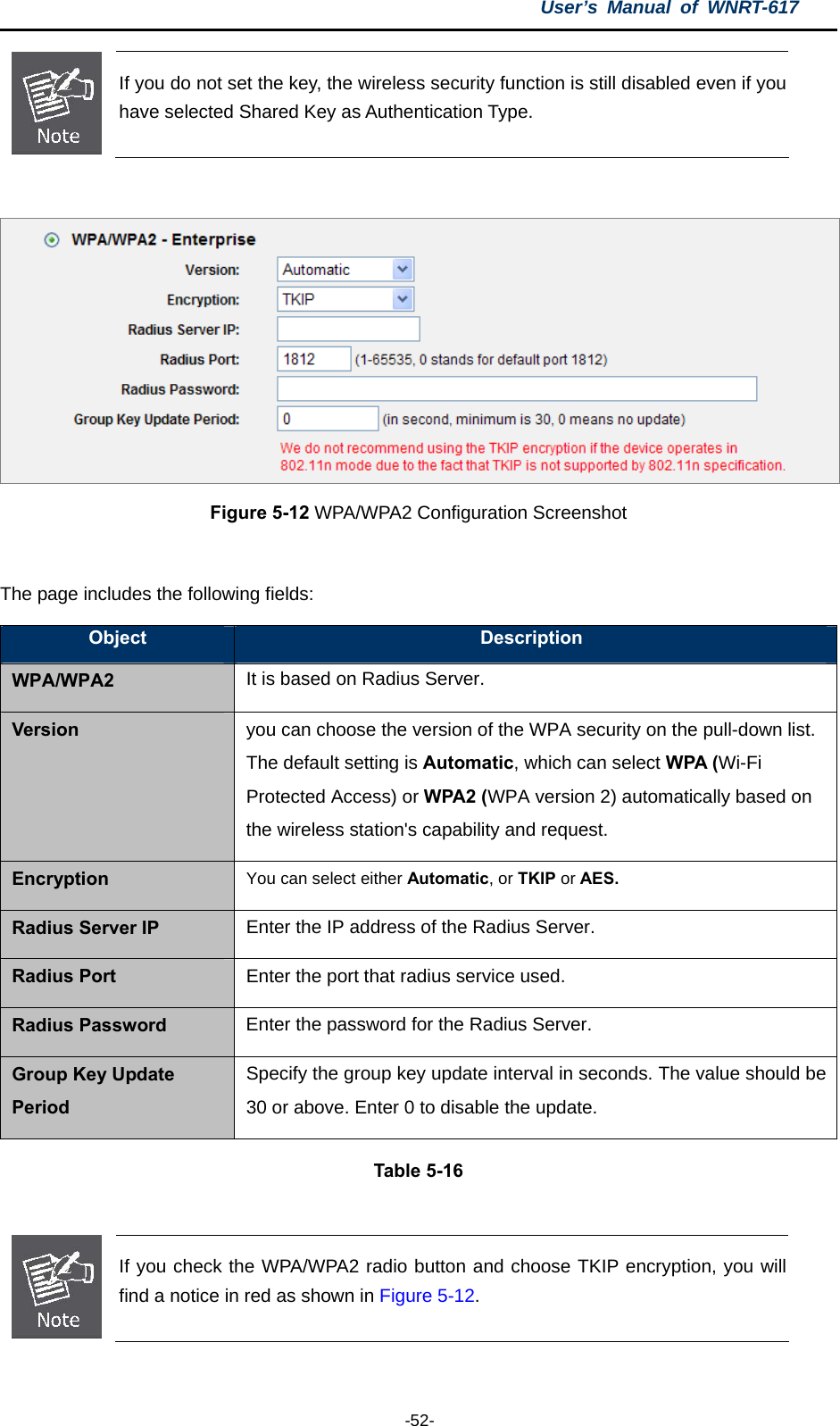 User’s Manual of WNRT-617  -52-  If you do not set the key, the wireless security function is still disabled even if you have selected Shared Key as Authentication Type.   Figure 5-12 WPA/WPA2 Configuration Screenshot  The page includes the following fields: Object  Description WPA/WPA2 It is based on Radius Server. Version you can choose the version of the WPA security on the pull-down list. The default setting is Automatic, which can select WPA (Wi-Fi Protected Access) or WPA2 (WPA version 2) automatically based on the wireless station&apos;s capability and request. Encryption You can select either Automatic, or TKIP or AES. Radius Server IP Enter the IP address of the Radius Server. Radius Port Enter the port that radius service used. Radius Password Enter the password for the Radius Server. Group Key Update Period Specify the group key update interval in seconds. The value should be 30 or above. Enter 0 to disable the update. Table 5-16   If you check the WPA/WPA2 radio button and choose TKIP encryption, you will find a notice in red as shown in Figure 5-12.  