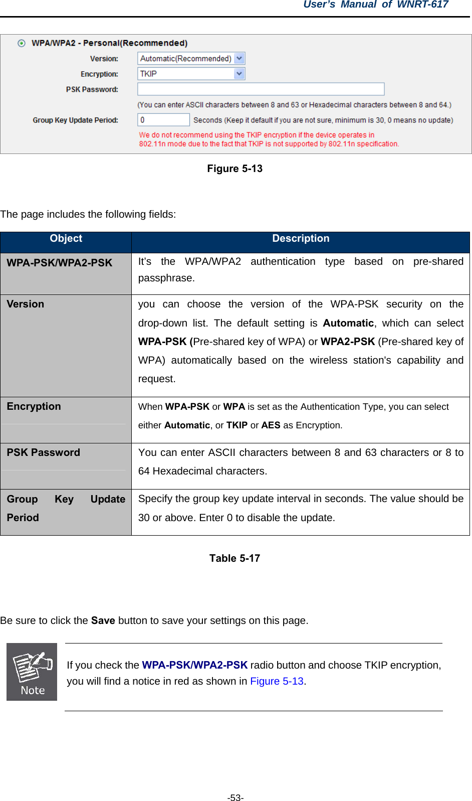 User’s Manual of WNRT-617  -53-  Figure 5-13  The page includes the following fields: Object  Description WPA-PSK/WPA2-PSK It’s the WPA/WPA2 authentication type based on pre-shared passphrase. Version you can choose the version of the WPA-PSK security on the drop-down list. The default setting is Automatic, which can select WPA-PSK (Pre-shared key of WPA) or WPA2-PSK (Pre-shared key of WPA) automatically based on the wireless station&apos;s capability and request. Encryption When WPA-PSK or WPA is set as the Authentication Type, you can select either Automatic, or TKIP or AES as Encryption. PSK Password You can enter ASCII characters between 8 and 63 characters or 8 to 64 Hexadecimal characters. Group Key Update Period Specify the group key update interval in seconds. The value should be 30 or above. Enter 0 to disable the update. Table 5-17  Be sure to click the Save button to save your settings on this page.  If you check the WPA-PSK/WPA2-PSK radio button and choose TKIP encryption, you will find a notice in red as shown in Figure 5-13.  