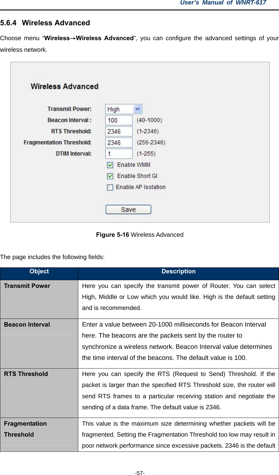 User’s Manual of WNRT-617  -57- 5.6.4  Wireless Advanced Choose menu “Wireless→Wireless Advanced”, you can configure the advanced settings of your wireless network.  Figure 5-16 Wireless Advanced  The page includes the following fields: Object  Description Transmit Power Here you can specify the transmit power of Router. You can select High, Middle or Low which you would like. High is the default setting and is recommended. Beacon Interval Enter a value between 20-1000 milliseconds for Beacon Interval here. The beacons are the packets sent by the router to synchronize a wireless network. Beacon Interval value determines the time interval of the beacons. The default value is 100. RTS Threshold Here you can specify the RTS (Request to Send) Threshold. If the packet is larger than the specified RTS Threshold size, the router will send RTS frames to a particular receiving station and negotiate the sending of a data frame. The default value is 2346. Fragmentation Threshold This value is the maximum size determining whether packets will be fragmented. Setting the Fragmentation Threshold too low may result in poor network performance since excessive packets. 2346 is the default 