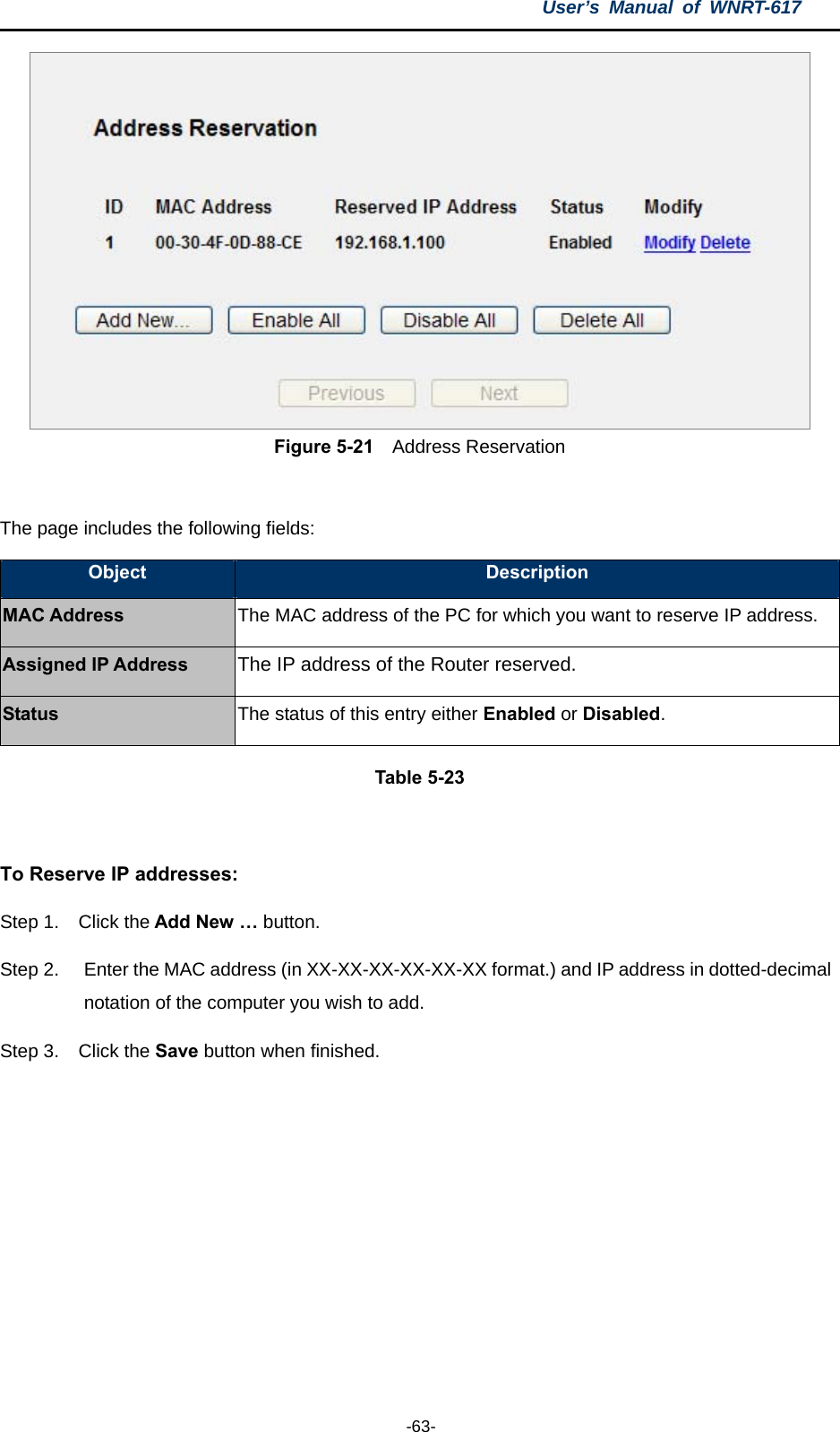 User’s Manual of WNRT-617  -63-  Figure 5-21  Address Reservation  The page includes the following fields: Object  Description MAC Address The MAC address of the PC for which you want to reserve IP address. Assigned IP Address The IP address of the Router reserved. Status The status of this entry either Enabled or Disabled. Table 5-23  To Reserve IP addresses:  Step 1.  Click the Add New … button.   Step 2.  Enter the MAC address (in XX-XX-XX-XX-XX-XX format.) and IP address in dotted-decimal notation of the computer you wish to add.   Step 3.  Click the Save button when finished.   