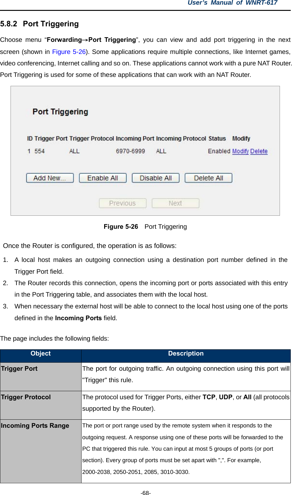 User’s Manual of WNRT-617  -68- 5.8.2  Port Triggering Choose menu “Forwarding→Port Triggering”, you can view and add port triggering in the next screen (shown in Figure 5-26). Some applications require multiple connections, like Internet games, video conferencing, Internet calling and so on. These applications cannot work with a pure NAT Router. Port Triggering is used for some of these applications that can work with an NAT Router.    Figure 5-26  Port Triggering Once the Router is configured, the operation is as follows: 1.  A local host makes an outgoing connection using a destination port number defined in the Trigger Port field.   2.  The Router records this connection, opens the incoming port or ports associated with this entry in the Port Triggering table, and associates them with the local host.   3.  When necessary the external host will be able to connect to the local host using one of the ports defined in the Incoming Ports field. The page includes the following fields: Object  Description Trigger Port The port for outgoing traffic. An outgoing connection using this port will &quot;Trigger&quot; this rule. Trigger Protocol The protocol used for Trigger Ports, either TCP, UDP, or All (all protocols supported by the Router). Incoming Ports Range The port or port range used by the remote system when it responds to the outgoing request. A response using one of these ports will be forwarded to the PC that triggered this rule. You can input at most 5 groups of ports (or port section). Every group of ports must be set apart with &quot;,&quot;. For example, 2000-2038, 2050-2051, 2085, 3010-3030. 