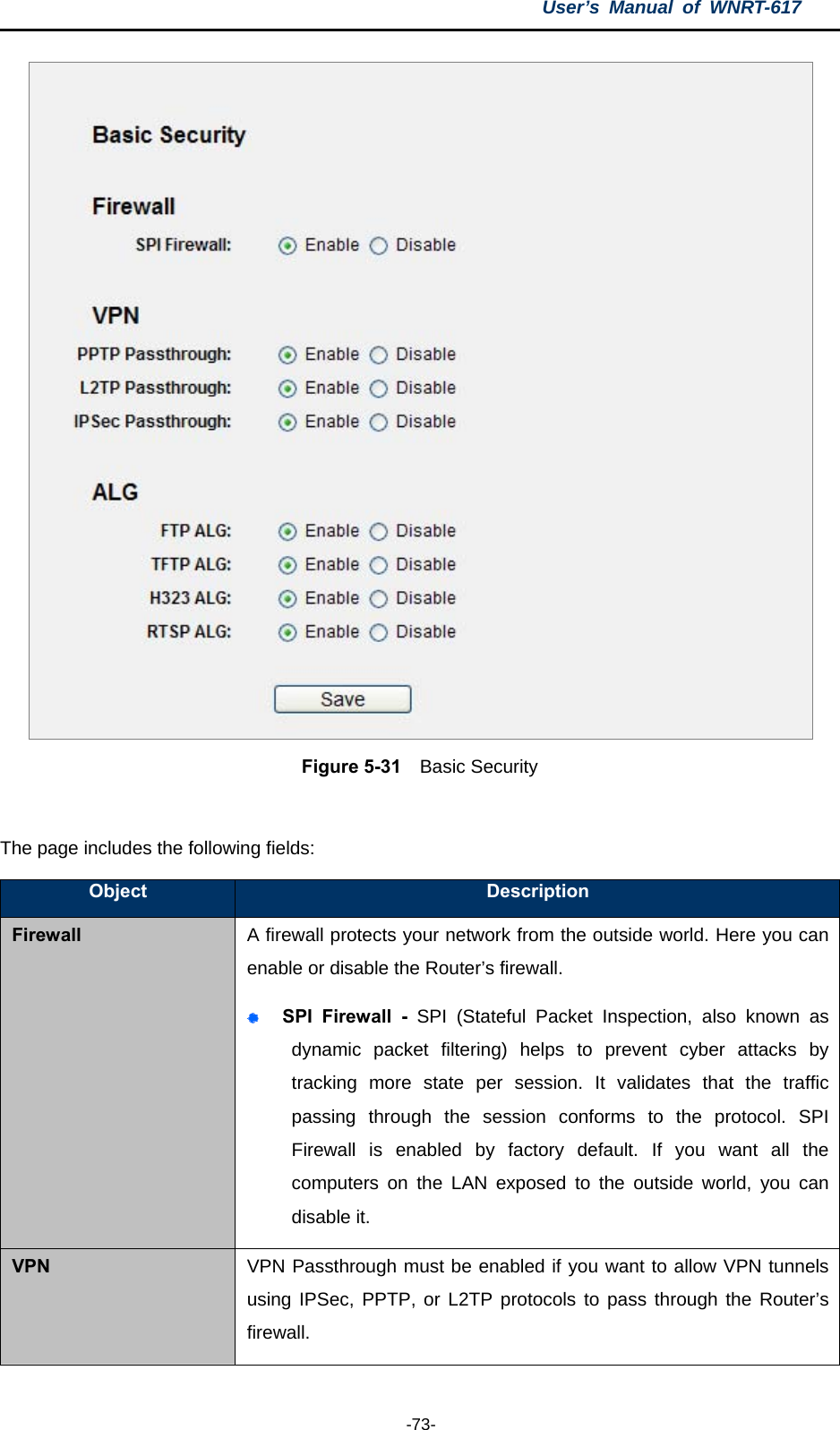 User’s Manual of WNRT-617  -73-  Figure 5-31  Basic Security  The page includes the following fields: Object  Description Firewall A firewall protects your network from the outside world. Here you can enable or disable the Router’s firewall.  SPI Firewall - SPI (Stateful Packet Inspection, also known as dynamic packet filtering) helps to prevent cyber attacks by tracking more state per session. It validates that the traffic passing through the session conforms to the protocol. SPI Firewall is enabled by factory default. If you want all the computers on the LAN exposed to the outside world, you can disable it. VPN  VPN Passthrough must be enabled if you want to allow VPN tunnels using IPSec, PPTP, or L2TP protocols to pass through the Router’s firewall. 