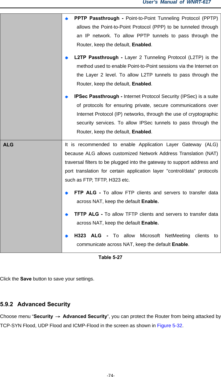 User’s Manual of WNRT-617  -74-  PPTP Passthrough - Point-to-Point Tunneling Protocol (PPTP) allows the Point-to-Point Protocol (PPP) to be tunneled through an IP network. To allow PPTP tunnels to pass through the Router, keep the default, Enabled.   L2TP Passthrough - Layer 2 Tunneling Protocol (L2TP) is the method used to enable Point-to-Point sessions via the Internet on the Layer 2 level. To allow L2TP tunnels to pass through the Router, keep the default, Enabled.  IPSec Passthrough - Internet Protocol Security (IPSec) is a suite of protocols for ensuring private, secure communications over Internet Protocol (IP) networks, through the use of cryptographic security services. To allow IPSec tunnels to pass through the Router, keep the default, Enabled. ALG  It is recommended to enable Application Layer Gateway (ALG) because ALG allows customized Network Address Translation (NAT) traversal filters to be plugged into the gateway to support address and port translation for certain application layer &quot;control/data&quot; protocols such as FTP, TFTP, H323 etc.    FTP ALG - To allow FTP clients and servers to transfer data across NAT, keep the default Enable.    TFTP ALG - To allow TFTP clients and servers to transfer data across NAT, keep the default Enable.  H323 ALG - To allow Microsoft NetMeeting clients to communicate across NAT, keep the default Enable. Table 5-27  Click the Save button to save your settings.  5.9.2  Advanced Security Choose menu “Security  → Advanced Security”, you can protect the Router from being attacked by TCP-SYN Flood, UDP Flood and ICMP-Flood in the screen as shown in Figure 5-32.  