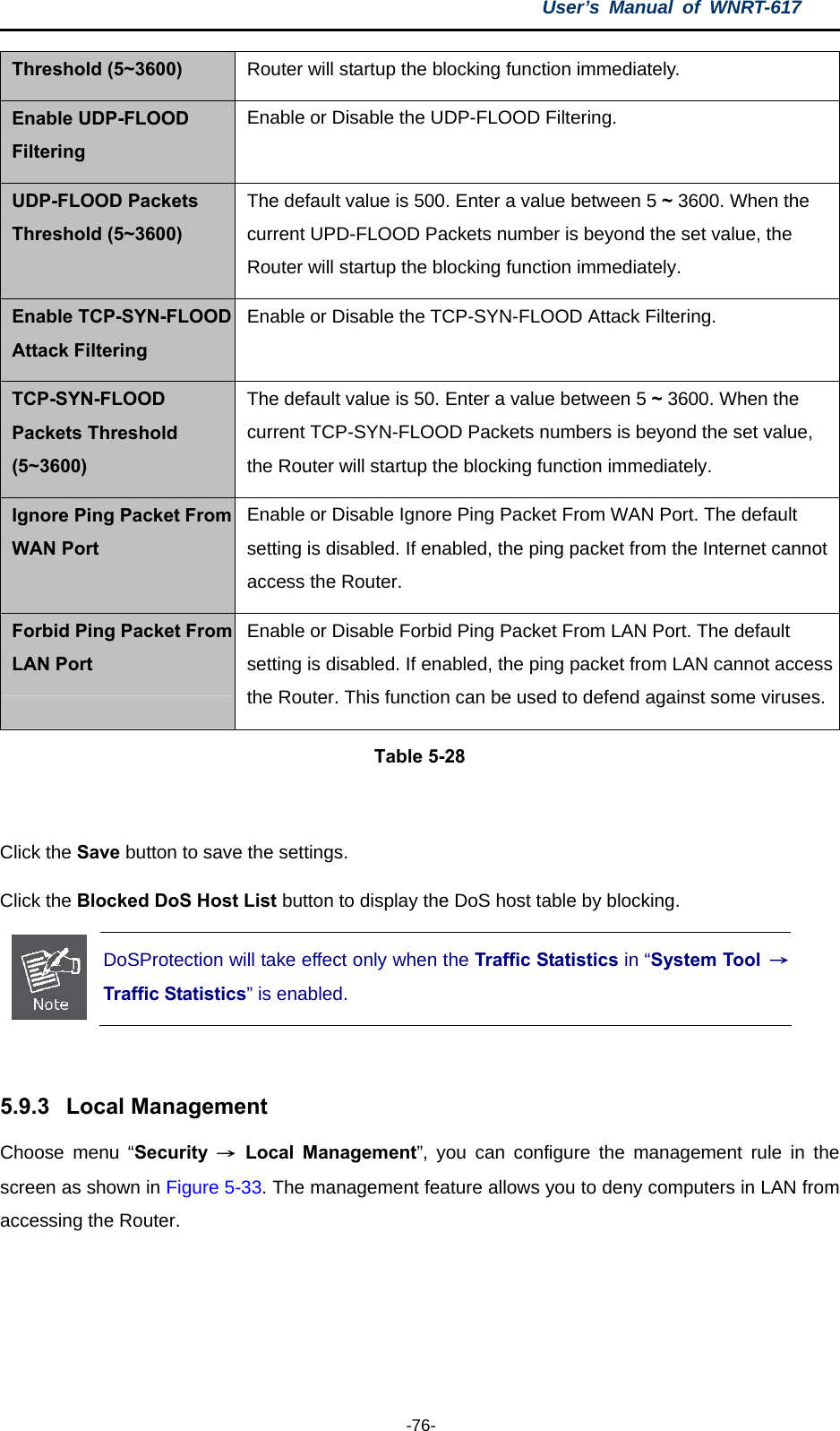 User’s Manual of WNRT-617  -76- Threshold (5~3600)  Router will startup the blocking function immediately. Enable UDP-FLOOD Filtering Enable or Disable the UDP-FLOOD Filtering. UDP-FLOOD Packets Threshold (5~3600) The default value is 500. Enter a value between 5 ~ 3600. When the current UPD-FLOOD Packets number is beyond the set value, the Router will startup the blocking function immediately. Enable TCP-SYN-FLOOD Attack Filtering Enable or Disable the TCP-SYN-FLOOD Attack Filtering. TCP-SYN-FLOOD Packets Threshold (5~3600) The default value is 50. Enter a value between 5 ~ 3600. When the current TCP-SYN-FLOOD Packets numbers is beyond the set value, the Router will startup the blocking function immediately. Ignore Ping Packet From WAN Port Enable or Disable Ignore Ping Packet From WAN Port. The default setting is disabled. If enabled, the ping packet from the Internet cannot access the Router. Forbid Ping Packet From LAN Port Enable or Disable Forbid Ping Packet From LAN Port. The default setting is disabled. If enabled, the ping packet from LAN cannot access the Router. This function can be used to defend against some viruses.Table 5-28  Click the Save button to save the settings. Click the Blocked DoS Host List button to display the DoS host table by blocking.    DoSProtection will take effect only when the Traffic Statistics in “System Tool  →Traffic Statistics” is enabled.  5.9.3  Local Management Choose menu “Security  → Local Management”, you can configure the management rule in the screen as shown in Figure 5-33. The management feature allows you to deny computers in LAN from accessing the Router. 