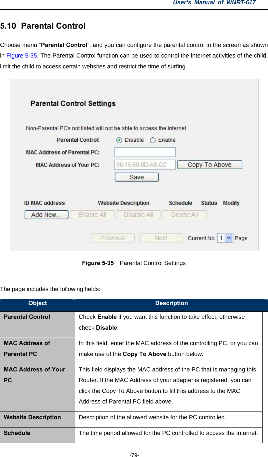 User’s Manual of WNRT-617  -79- 5.10   Parental Control Choose menu “Parental Control”, and you can configure the parental control in the screen as shown in Figure 5-35. The Parental Control function can be used to control the internet activities of the child, limit the child to access certain websites and restrict the time of surfing.  Figure 5-35  Parental Control Settings  The page includes the following fields: Object  Description Parental Control Check Enable if you want this function to take effect, otherwise check Disable. MAC Address of Parental PC In this field, enter the MAC address of the controlling PC, or you can make use of the Copy To Above button below. MAC Address of Your PC This field displays the MAC address of the PC that is managing this Router. If the MAC Address of your adapter is registered, you can click the Copy To Above button to fill this address to the MAC Address of Parental PC field above. Website Description  Description of the allowed website for the PC controlled. Schedule  The time period allowed for the PC controlled to access the Internet. 