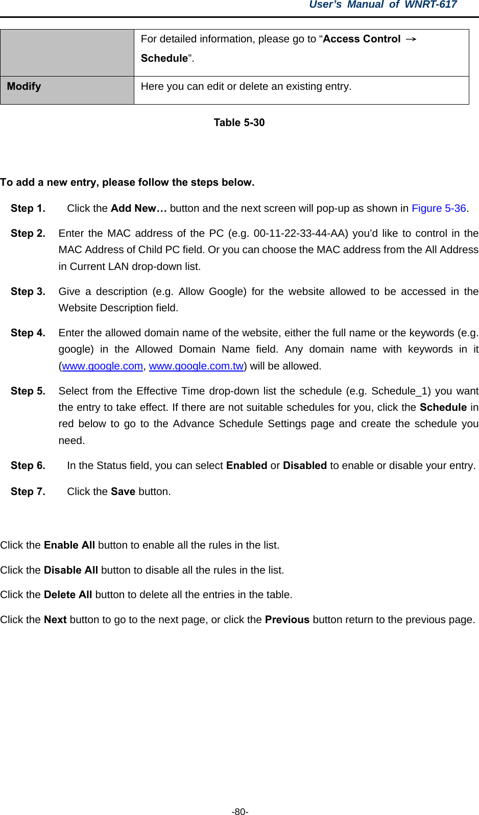 User’s Manual of WNRT-617  -80- For detailed information, please go to “Access Control  → Schedule”. Modify  Here you can edit or delete an existing entry. Table 5-30  To add a new entry, please follow the steps below. Step 1.  Click the Add New… button and the next screen will pop-up as shown in Figure 5-36. Step 2.  Enter the MAC address of the PC (e.g. 00-11-22-33-44-AA) you’d like to control in the MAC Address of Child PC field. Or you can choose the MAC address from the All Address in Current LAN drop-down list. Step 3.  Give a description (e.g. Allow Google) for the website allowed to be accessed in the Website Description field. Step 4.  Enter the allowed domain name of the website, either the full name or the keywords (e.g. google) in the Allowed Domain Name field. Any domain name with keywords in it (www.google.com, www.google.com.tw) will be allowed. Step 5.  Select from the Effective Time drop-down list the schedule (e.g. Schedule_1) you want the entry to take effect. If there are not suitable schedules for you, click the Schedule in red below to go to the Advance Schedule Settings page and create the schedule you need. Step 6.  In the Status field, you can select Enabled or Disabled to enable or disable your entry. Step 7.  Click the Save button.  Click the Enable All button to enable all the rules in the list. Click the Disable All button to disable all the rules in the list. Click the Delete All button to delete all the entries in the table. Click the Next button to go to the next page, or click the Previous button return to the previous page. 