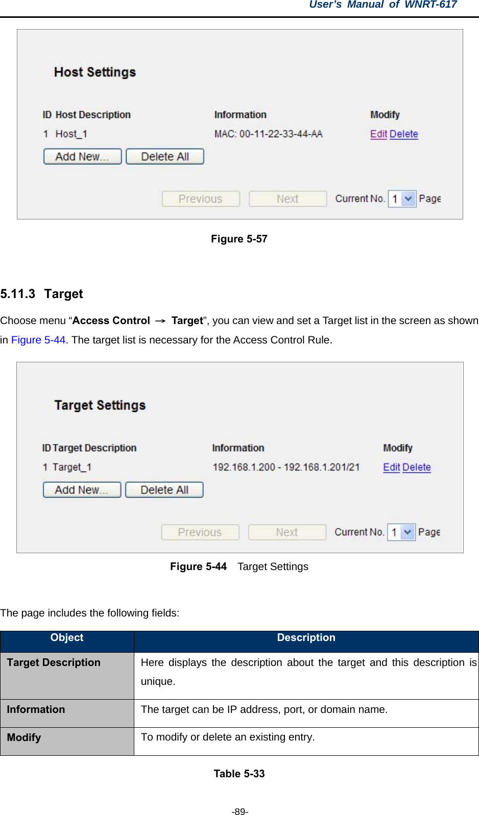 User’s Manual of WNRT-617  -89-  Figure 5-57  5.11.3   Target Choose menu “Access Control  → Target”, you can view and set a Target list in the screen as shown in Figure 5-44. The target list is necessary for the Access Control Rule.  Figure 5-44  Target Settings  The page includes the following fields: Object  Description Target Description Here displays the description about the target and this description is unique. Information  The target can be IP address, port, or domain name. Modify  To modify or delete an existing entry. Table 5-33 