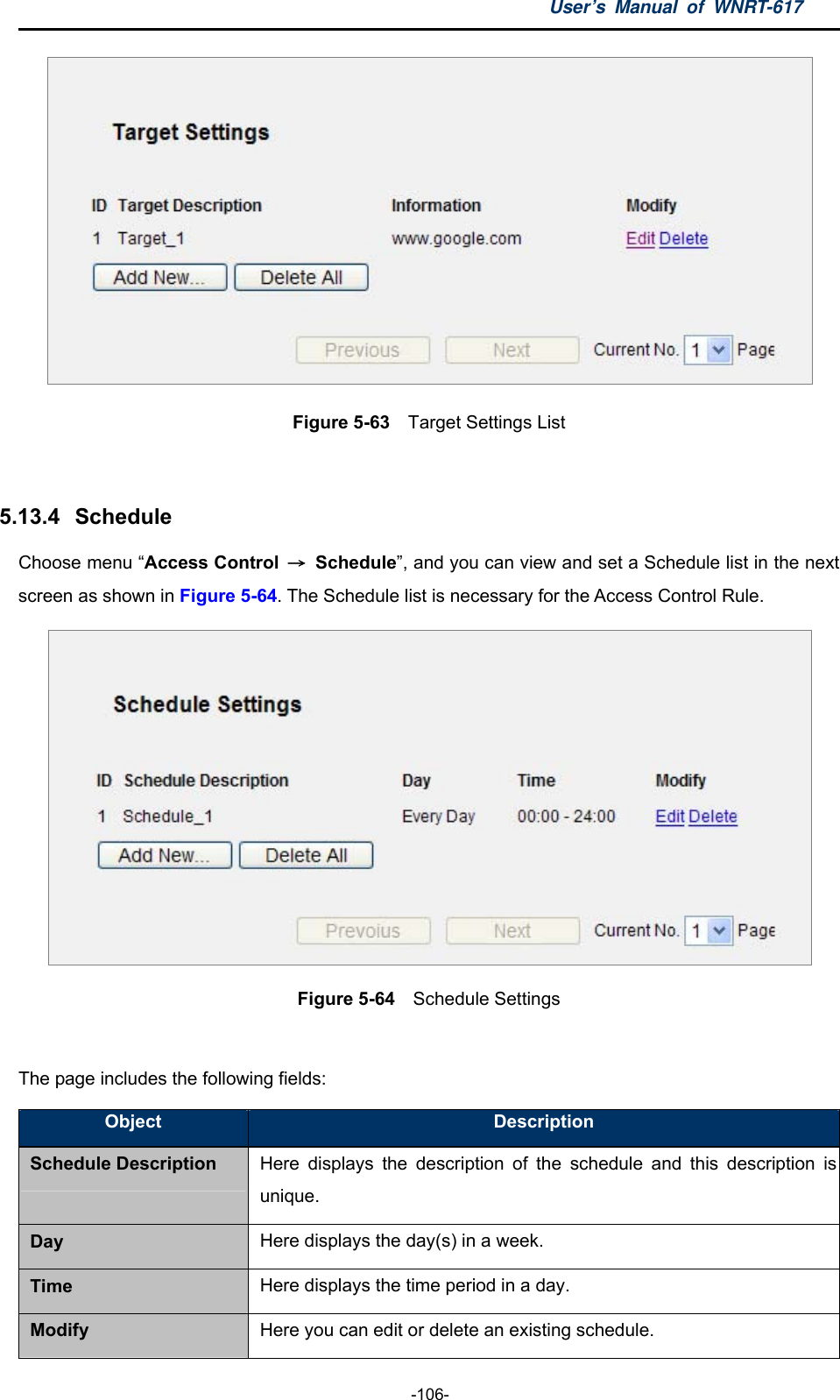 User’s Manual of WNRT-617  -106-  Figure 5-63  Target Settings List  5.13.4   Schedule Choose menu “Access Control  → Schedule”, and you can view and set a Schedule list in the next screen as shown in Figure 5-64. The Schedule list is necessary for the Access Control Rule.  Figure 5-64  Schedule Settings  The page includes the following fields: Object  Description Schedule Description Here displays the description of the schedule and this description is unique. Day  Here displays the day(s) in a week. Time  Here displays the time period in a day. Modify  Here you can edit or delete an existing schedule. 