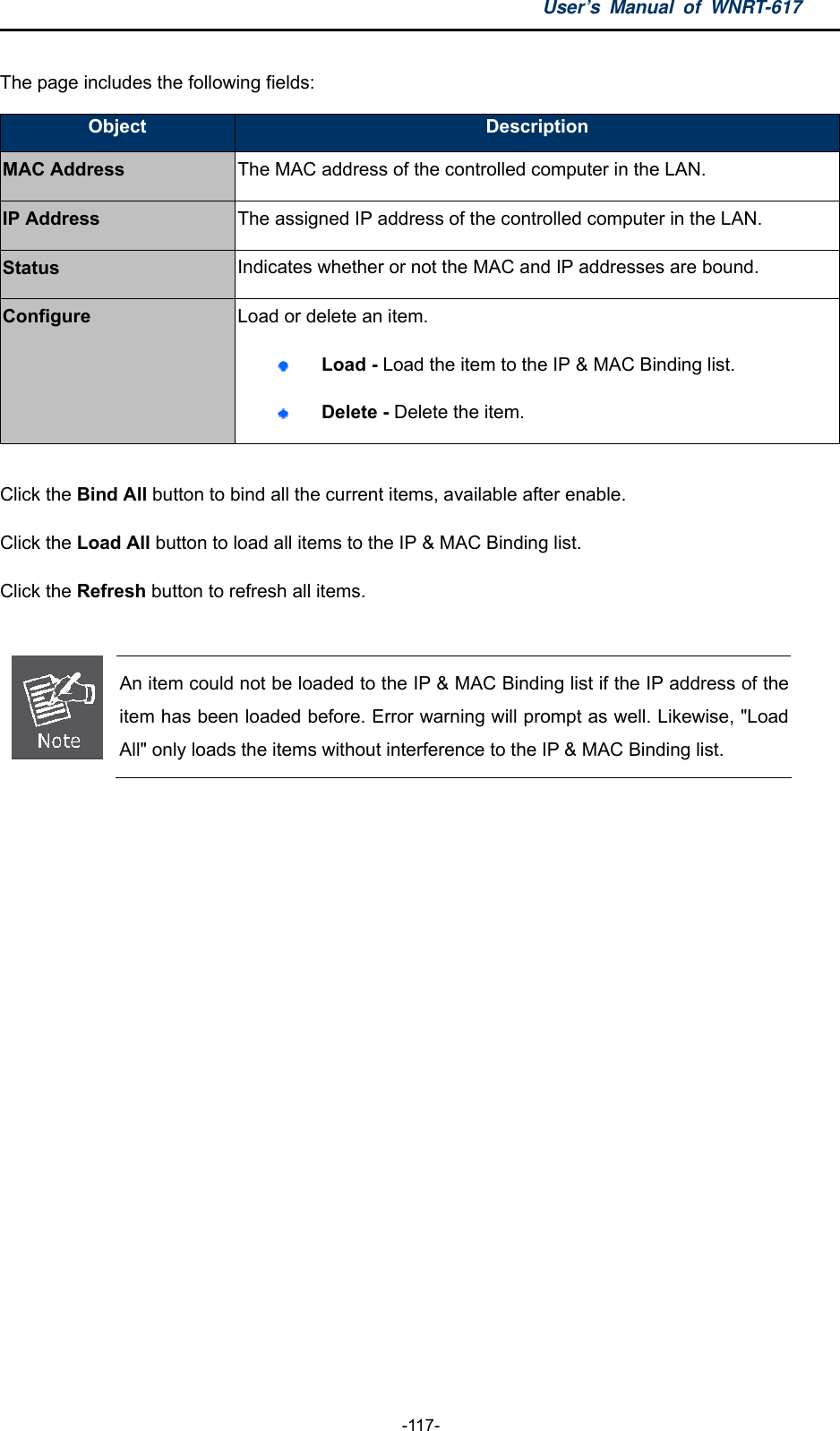 User’s Manual of WNRT-617  -117- The page includes the following fields: Object  Description MAC Address The MAC address of the controlled computer in the LAN. IP Address  The assigned IP address of the controlled computer in the LAN. Status  Indicates whether or not the MAC and IP addresses are bound. Configure  Load or delete an item.  Load - Load the item to the IP &amp; MAC Binding list.    Delete - Delete the item.    Click the Bind All button to bind all the current items, available after enable. Click the Load All button to load all items to the IP &amp; MAC Binding list. Click the Refresh button to refresh all items.   An item could not be loaded to the IP &amp; MAC Binding list if the IP address of the item has been loaded before. Error warning will prompt as well. Likewise, &quot;Load All&quot; only loads the items without interference to the IP &amp; MAC Binding list.  