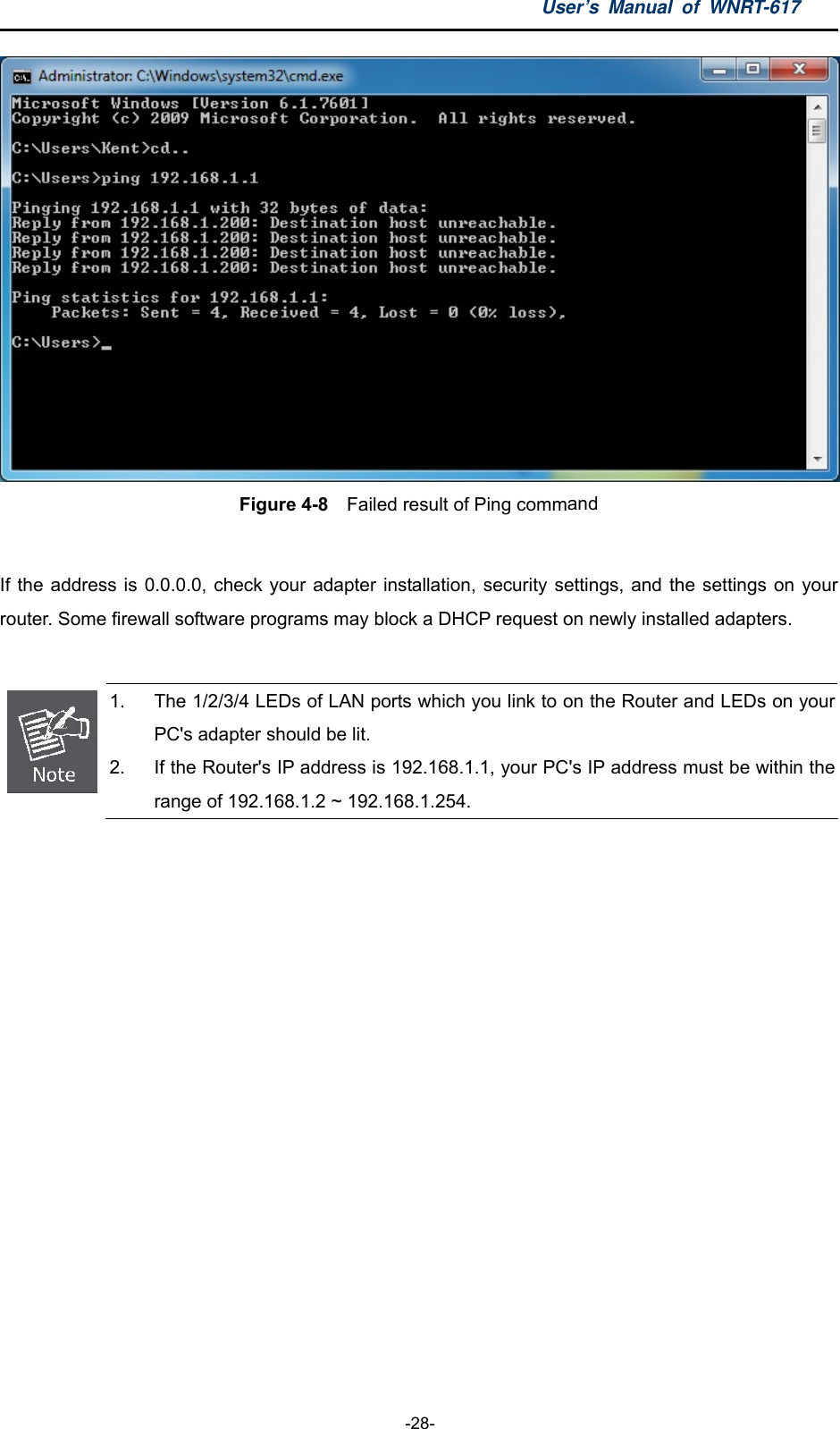 User’s Manual of WNRT-617  -28-  Figure 4-8  Failed result of Ping command  If the address is 0.0.0.0, check your adapter installation, security settings, and the settings on your router. Some firewall software programs may block a DHCP request on newly installed adapters.   1.  The 1/2/3/4 LEDs of LAN ports which you link to on the Router and LEDs on your PC&apos;s adapter should be lit. 2.  If the Router&apos;s IP address is 192.168.1.1, your PC&apos;s IP address must be within the range of 192.168.1.2 ~ 192.168.1.254. 