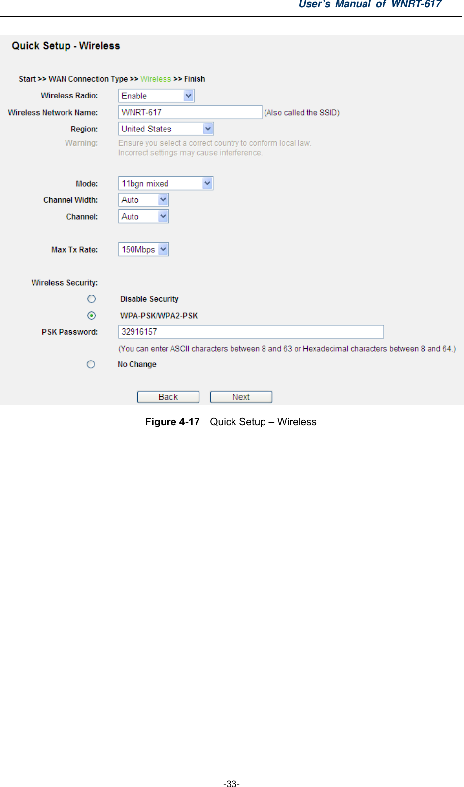 User’s Manual of WNRT-617  -33-  Figure 4-17   Quick Setup – Wireless  