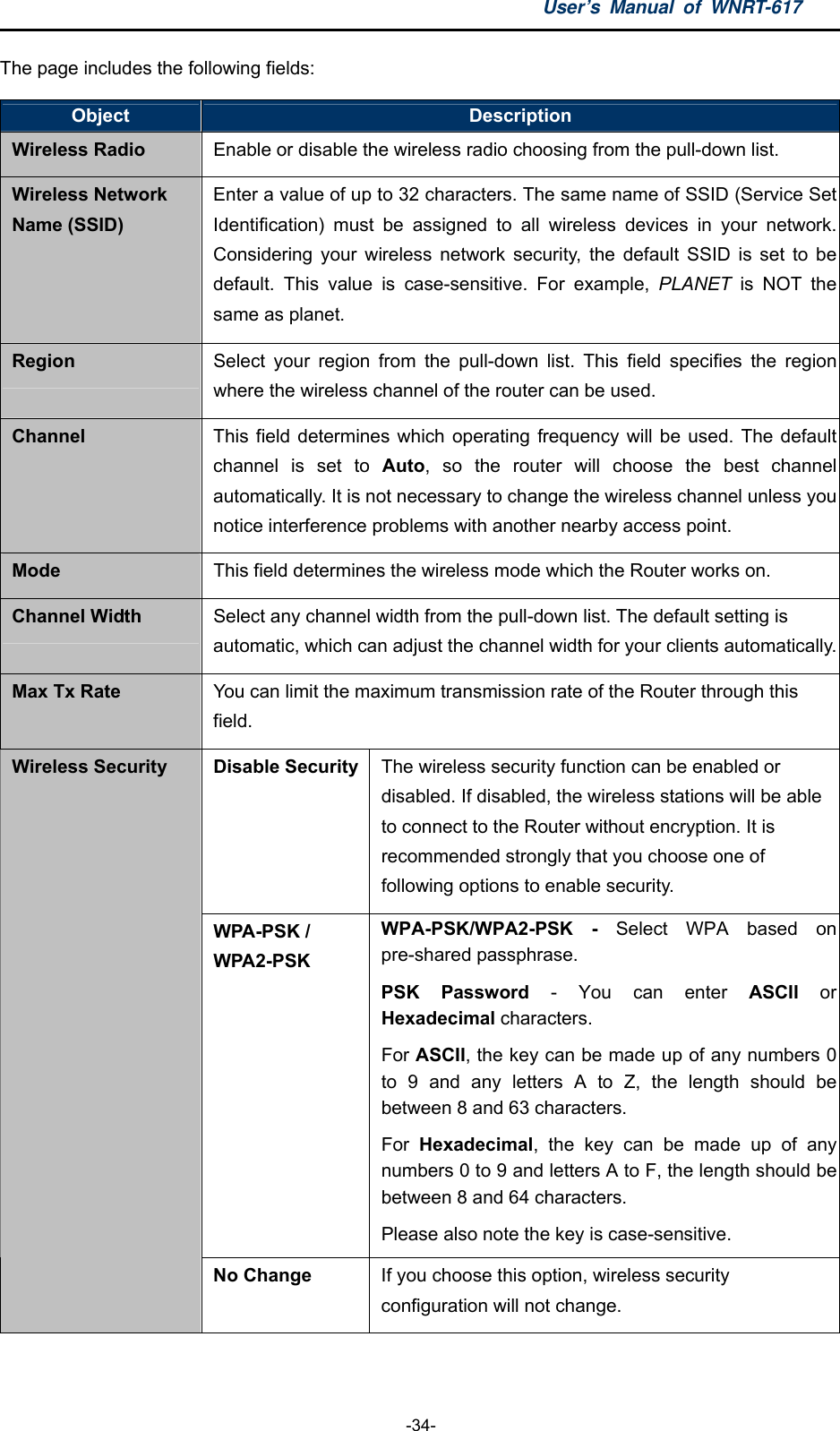 User’s Manual of WNRT-617  -34- The page includes the following fields: Object  Description Wireless Radio  Enable or disable the wireless radio choosing from the pull-down list. Wireless Network Name (SSID) Enter a value of up to 32 characters. The same name of SSID (Service Set Identification) must be assigned to all wireless devices in your network. Considering your wireless network security, the default SSID is set to be default. This value is case-sensitive. For example, PLANET is NOT the same as planet. Region  Select your region from the pull-down list. This field specifies the region where the wireless channel of the router can be used. Channel  This field determines which operating frequency will be used. The default channel is set to Auto, so the router will choose the best channel automatically. It is not necessary to change the wireless channel unless you notice interference problems with another nearby access point. Mode  This field determines the wireless mode which the Router works on. Channel Width  Select any channel width from the pull-down list. The default setting is automatic, which can adjust the channel width for your clients automatically.Max Tx Rate  You can limit the maximum transmission rate of the Router through this field. Disable Security The wireless security function can be enabled or disabled. If disabled, the wireless stations will be able to connect to the Router without encryption. It is recommended strongly that you choose one of following options to enable security. WPA-PSK / WPA2-PSK WPA-PSK/WPA2-PSK - Select WPA based on pre-shared passphrase.   PSK Password - You can enter ASCII or Hexadecimal characters.   For ASCII, the key can be made up of any numbers 0 to 9 and any letters A to Z, the length should be between 8 and 63 characters. For  Hexadecimal, the key can be made up of any numbers 0 to 9 and letters A to F, the length should be between 8 and 64 characters. Please also note the key is case-sensitive. Wireless Security No Change  If you choose this option, wireless security configuration will not change.  