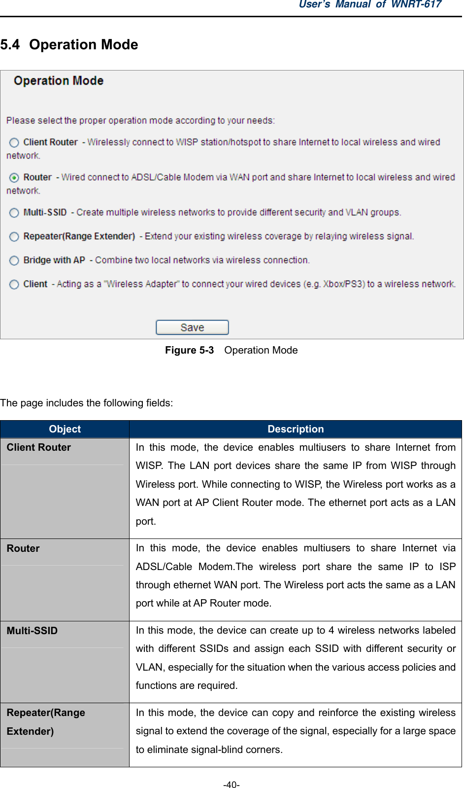 User’s Manual of WNRT-617  -40- 5.4  Operation Mode  Figure 5-3  Operation Mode  The page includes the following fields: Object  Description Client Router In this mode, the device enables multiusers to share Internet from WISP. The LAN port devices share the same IP from WISP through Wireless port. While connecting to WISP, the Wireless port works as a WAN port at AP Client Router mode. The ethernet port acts as a LAN port. Router In this mode, the device enables multiusers to share Internet via ADSL/Cable Modem.The wireless port share the same IP to ISP through ethernet WAN port. The Wireless port acts the same as a LAN port while at AP Router mode. Multi-SSID In this mode, the device can create up to 4 wireless networks labeled with different SSIDs and assign each SSID with different security or VLAN, especially for the situation when the various access policies and functions are required. Repeater(Range Extender) In this mode, the device can copy and reinforce the existing wireless signal to extend the coverage of the signal, especially for a large space to eliminate signal-blind corners. 