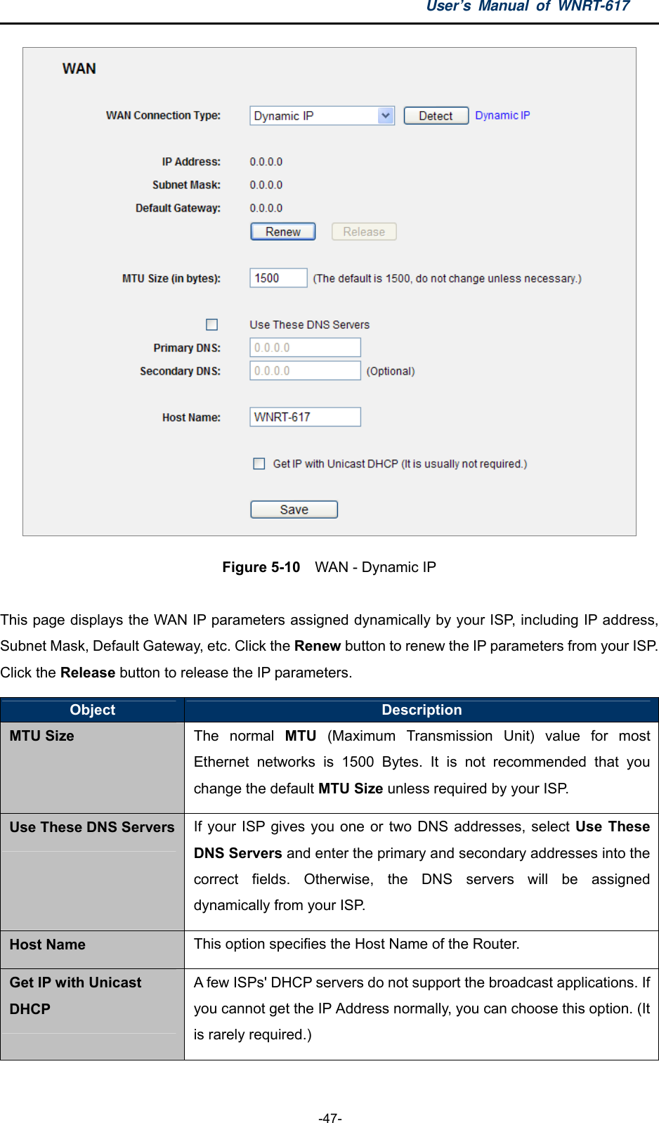 User’s Manual of WNRT-617  -47-  Figure 5-10  WAN - Dynamic IP  This page displays the WAN IP parameters assigned dynamically by your ISP, including IP address, Subnet Mask, Default Gateway, etc. Click the Renew button to renew the IP parameters from your ISP. Click the Release button to release the IP parameters. Object  Description MTU Size The normal MTU (Maximum Transmission Unit) value for most Ethernet networks is 1500 Bytes. It is not recommended that you change the default MTU Size unless required by your ISP. Use These DNS Servers If your ISP gives you one or two DNS addresses, select Use These DNS Servers and enter the primary and secondary addresses into the correct fields. Otherwise, the DNS servers will be assigned dynamically from your ISP.   Host Name This option specifies the Host Name of the Router. Get IP with Unicast DHCP A few ISPs&apos; DHCP servers do not support the broadcast applications. If you cannot get the IP Address normally, you can choose this option. (It is rarely required.) 