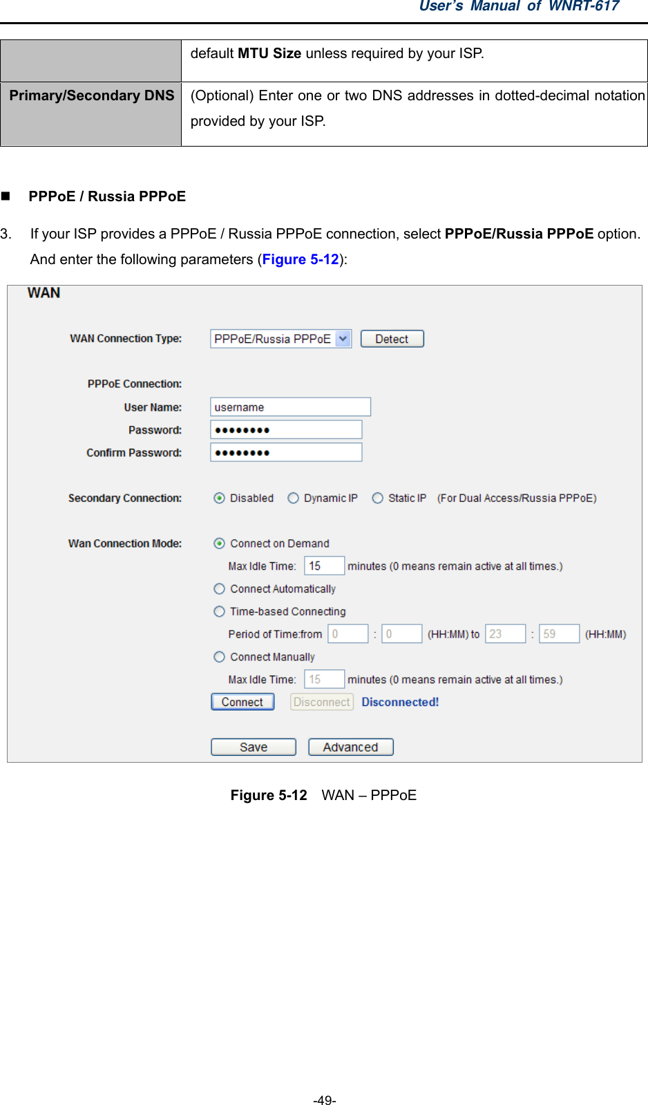 User’s Manual of WNRT-617  -49- default MTU Size unless required by your ISP. Primary/Secondary DNS (Optional) Enter one or two DNS addresses in dotted-decimal notationprovided by your ISP.   PPPoE / Russia PPPoE 3.  If your ISP provides a PPPoE / Russia PPPoE connection, select PPPoE/Russia PPPoE option. And enter the following parameters (Figure 5-12):  Figure 5-12  WAN – PPPoE 