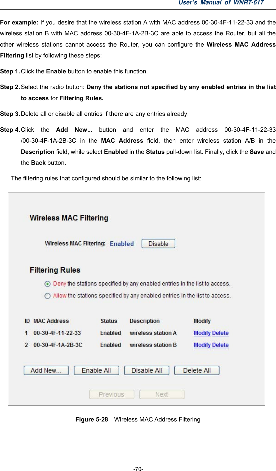 User’s Manual of WNRT-617  -70- For example: If you desire that the wireless station A with MAC address 00-30-4F-11-22-33 and the wireless station B with MAC address 00-30-4F-1A-2B-3C are able to access the Router, but all the other wireless stations cannot access the Router, you can configure the Wireless MAC Address Filtering list by following these steps: Step 1. Click the Enable button to enable this function. Step 2. Select the radio button: Deny the stations not specified by any enabled entries in the list to access for Filtering Rules. Step 3. Delete all or disable all entries if there are any entries already. Step 4. Click the Add New... button and enter the MAC address 00-30-4F-11-22-33 /00-30-4F-1A-2B-3C in the MAC Address field, then enter wireless station A/B in the Description field, while select Enabled in the Status pull-down list. Finally, click the Save and the Back button. The filtering rules that configured should be similar to the following list:    Figure 5-28    Wireless MAC Address Filtering  