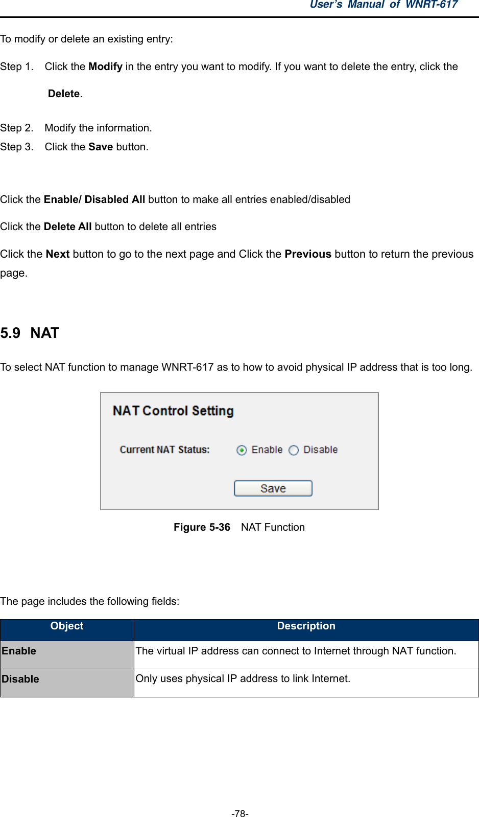 User’s Manual of WNRT-617  -78- To modify or delete an existing entry: Step 1.  Click the Modify in the entry you want to modify. If you want to delete the entry, click the  Delete. Step 2.  Modify the information.   Step 3.  Click the Save button.  Click the Enable/ Disabled All button to make all entries enabled/disabled Click the Delete All button to delete all entries Click the Next button to go to the next page and Click the Previous button to return the previous page.  5.9  NAT To select NAT function to manage WNRT-617 as to how to avoid physical IP address that is too long.       Figure 5-36    NAT Function   The page includes the following fields: Object  Description Enable The virtual IP address can connect to Internet through NAT function. Disable Only uses physical IP address to link Internet.      