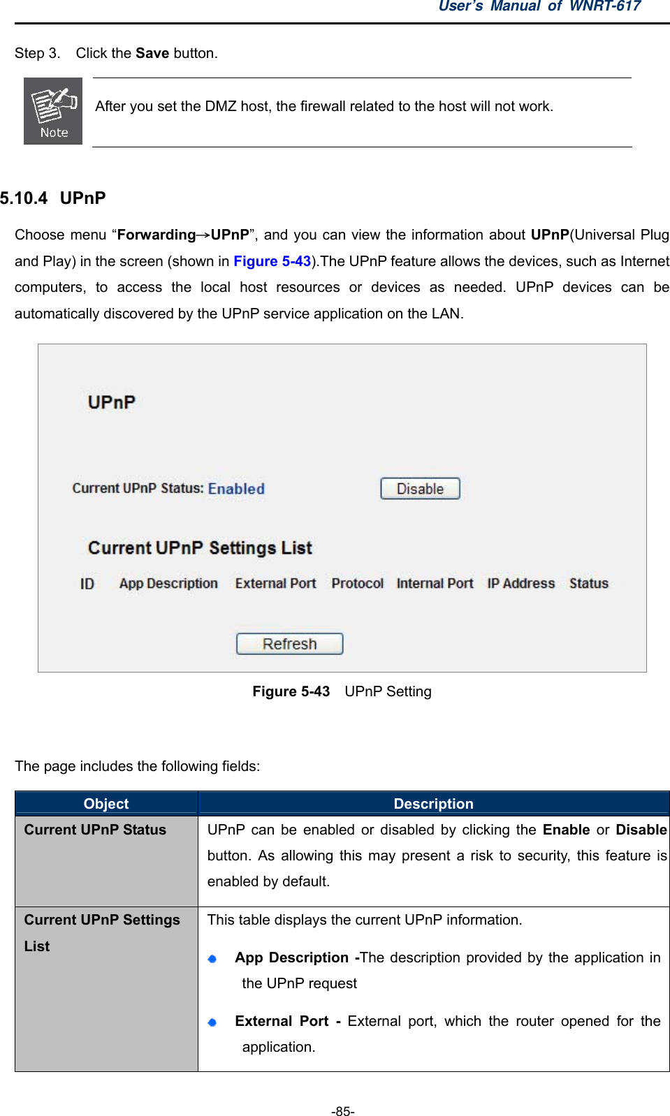 User’s Manual of WNRT-617  -85- Step 3.  Click the Save button.  After you set the DMZ host, the firewall related to the host will not work.  5.10.4   UPnP Choose menu “Forwarding→UPnP”, and you can view the information about UPnP(Universal Plug and Play) in the screen (shown in Figure 5-43).The UPnP feature allows the devices, such as Internet computers, to access the local host resources or devices as needed. UPnP devices can be automatically discovered by the UPnP service application on the LAN.  Figure 5-43  UPnP Setting  The page includes the following fields: Object  Description Current UPnP Status UPnP can be enabled or disabled by clicking the Enable or Disablebutton. As allowing this may present a risk to security, this feature is enabled by default. Current UPnP Settings List This table displays the current UPnP information.  App Description -The description provided by the application in the UPnP request  External Port - External port, which the router opened for the application. 