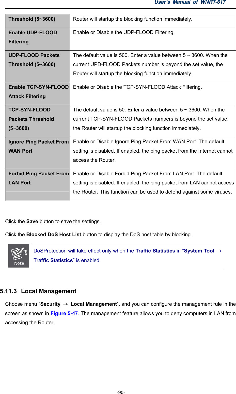 User’s Manual of WNRT-617  -90- Threshold (5~3600)  Router will startup the blocking function immediately. Enable UDP-FLOOD Filtering Enable or Disable the UDP-FLOOD Filtering. UDP-FLOOD Packets Threshold (5~3600) The default value is 500. Enter a value between 5 ~ 3600. When the current UPD-FLOOD Packets number is beyond the set value, the Router will startup the blocking function immediately. Enable TCP-SYN-FLOOD Attack Filtering Enable or Disable the TCP-SYN-FLOOD Attack Filtering. TCP-SYN-FLOOD Packets Threshold (5~3600) The default value is 50. Enter a value between 5 ~ 3600. When the current TCP-SYN-FLOOD Packets numbers is beyond the set value, the Router will startup the blocking function immediately. Ignore Ping Packet From WAN Port Enable or Disable Ignore Ping Packet From WAN Port. The default setting is disabled. If enabled, the ping packet from the Internet cannot access the Router. Forbid Ping Packet From LAN Port Enable or Disable Forbid Ping Packet From LAN Port. The default setting is disabled. If enabled, the ping packet from LAN cannot access the Router. This function can be used to defend against some viruses. Click the Save button to save the settings. Click the Blocked DoS Host List button to display the DoS host table by blocking.    DoSProtection will take effect only when the Traffic Statistics in “System Tool  →Traffic Statistics” is enabled.  5.11.3   Local Management Choose menu “Security  → Local Management”, and you can configure the management rule in the screen as shown in Figure 5-47. The management feature allows you to deny computers in LAN from accessing the Router. 