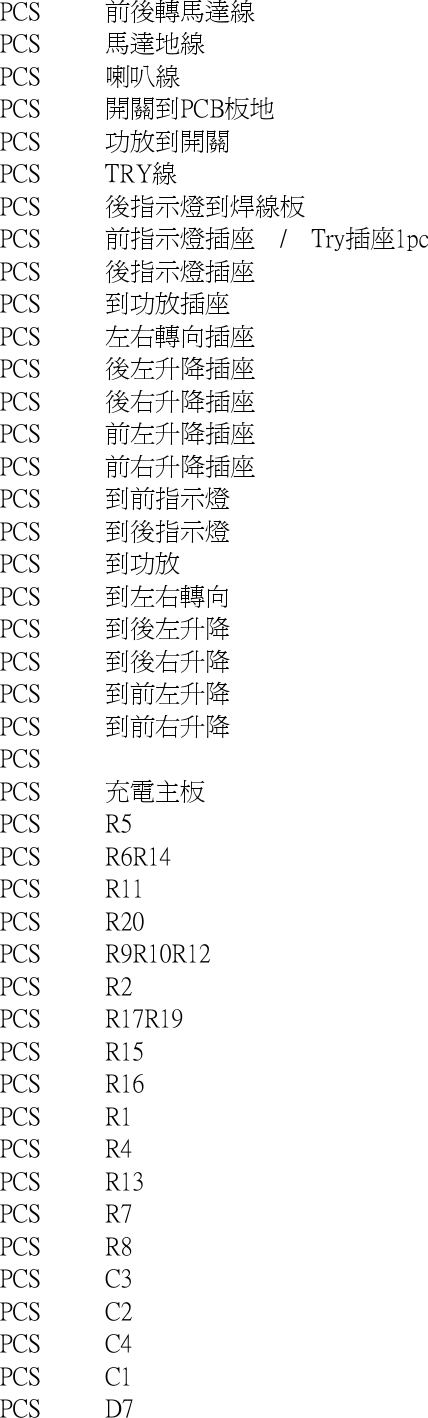 PCS 前後轉馬達線PCS 馬達地線PCS 喇叭線PCS 開關到PCB板地PCS 功放到開關PCS TRY線PCS 後指示燈到焊線板PCS 前指示燈插座　/　Try插座1pcPCS 後指示燈插座PCS 到功放插座PCS 左右轉向插座PCS 後左升降插座PCS 後右升降插座PCS 前左升降插座PCS 前右升降插座PCS 到前指示燈PCS 到後指示燈PCS 到功放PCS 到左右轉向PCS 到後左升降PCS 到後右升降PCS 到前左升降PCS 到前右升降PCSPCS 充電主板PCS R5PCS R6R14PCS R11PCS R20PCS R9R10R12PCS R2PCS R17R19PCS R15PCS R16PCS R1PCS R4PCS R13PCS R7PCS R8PCS C3PCS C2PCS C4PCS C1PCS D7