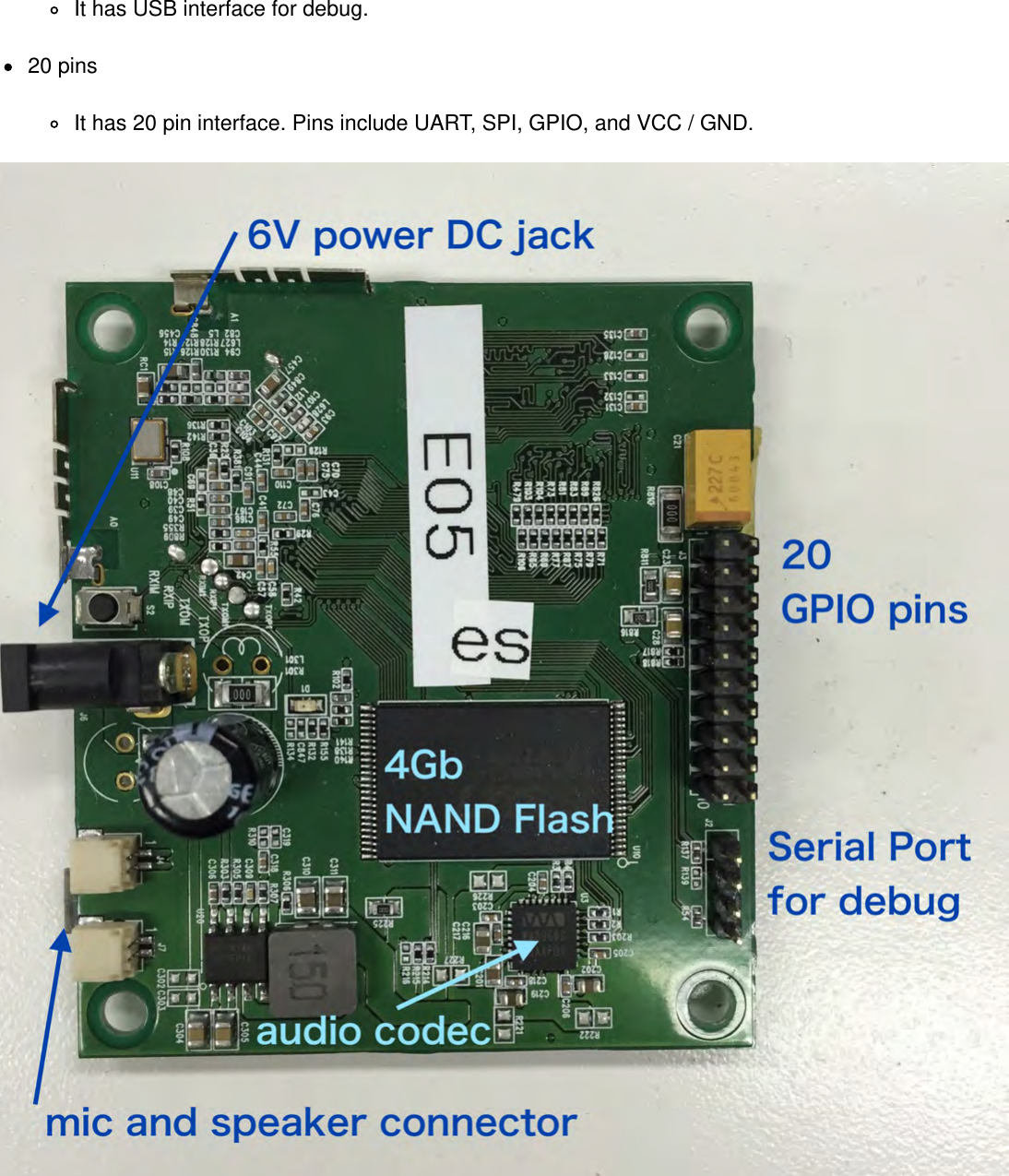 It has USB interface for debug.20 pinsIt has 20 pin interface. Pins include UART, SPI, GPIO, and VCC / GND.