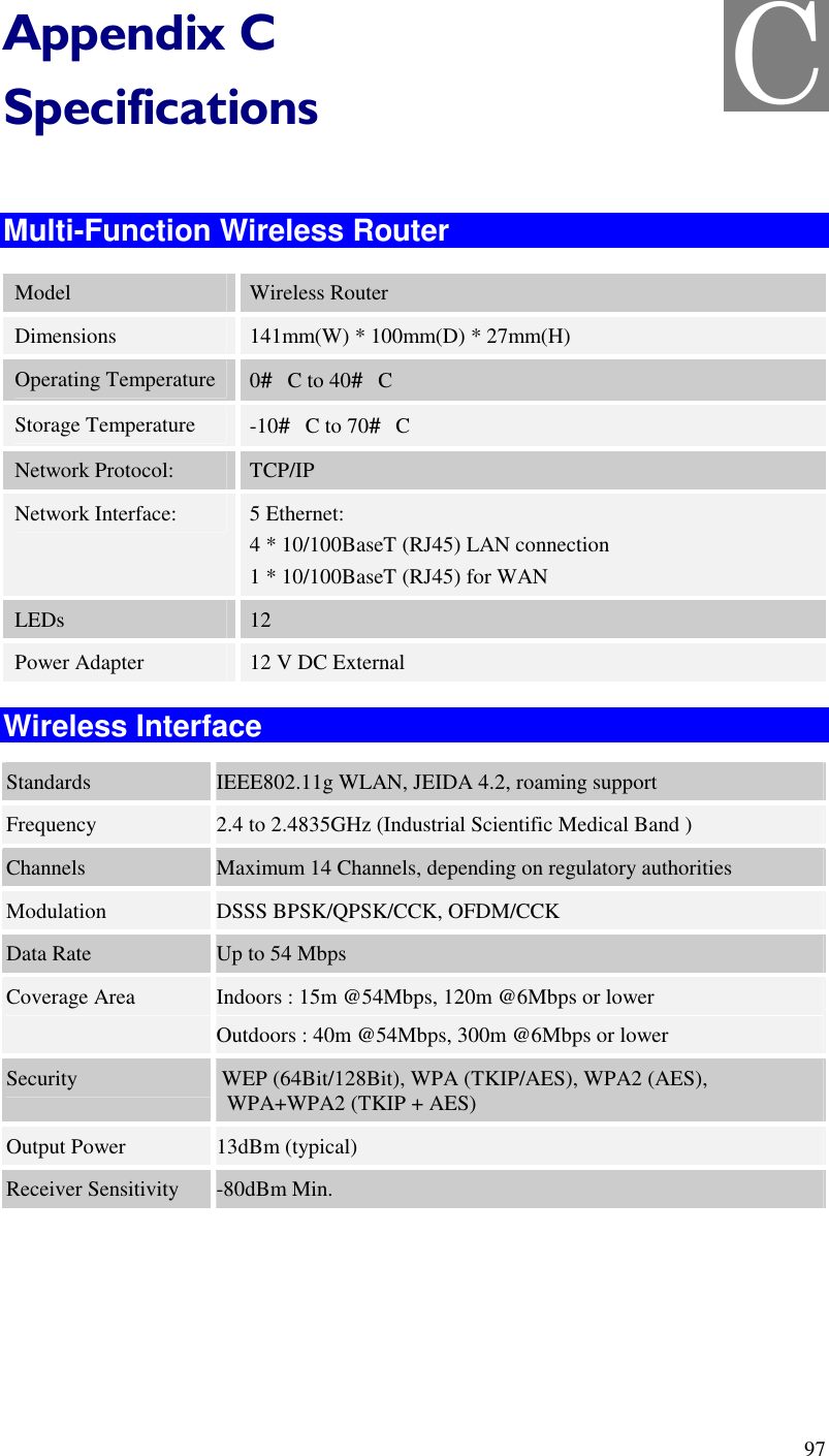  97 Appendix C Specifications  Multi-Function Wireless Router Model  Wireless Router Dimensions  141mm(W) * 100mm(D) * 27mm(H) Operating Temperature  0# C to 40# C Storage Temperature  -10# C to 70# C Network Protocol:  TCP/IP Network Interface:  5 Ethernet: 4 * 10/100BaseT (RJ45) LAN connection 1 * 10/100BaseT (RJ45) for WAN LEDs  12 Power Adapter  12 V DC External Wireless Interface Standards  IEEE802.11g WLAN, JEIDA 4.2, roaming support Frequency  2.4 to 2.4835GHz (Industrial Scientific Medical Band ) Channels  Maximum 14 Channels, depending on regulatory authorities Modulation  DSSS BPSK/QPSK/CCK, OFDM/CCK Data Rate  Up to 54 Mbps Coverage Area  Indoors : 15m @54Mbps, 120m @6Mbps or lower Outdoors : 40m @54Mbps, 300m @6Mbps or lower Security   WEP (64Bit/128Bit), WPA (TKIP/AES), WPA2 (AES),             WPA+WPA2 (TKIP + AES) Output Power  13dBm (typical) Receiver Sensitivity  -80dBm Min.  C 