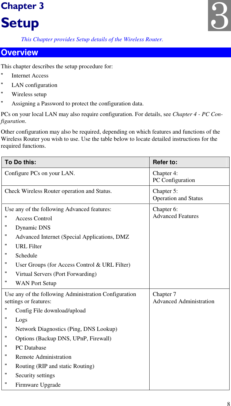  8 Chapter 3 Setup This Chapter provides Setup details of the Wireless Router. Overview This chapter describes the setup procedure for: &quot; Internet Access &quot; LAN configuration &quot; Wireless setup &quot; Assigning a Password to protect the configuration data. PCs on your local LAN may also require configuration. For details, see Chapter 4 - PC Con-figuration.  Other configuration may also be required, depending on which features and functions of the Wireless Router you wish to use. Use the table below to locate detailed instructions for the required functions. To Do this:  Refer to: Configure PCs on your LAN.  Chapter 4: PC Configuration Check Wireless Router operation and Status.  Chapter 5: Operation and Status Use any of the following Advanced features: &quot; Access Control &quot; Dynamic DNS &quot; Advanced Internet (Special Applications, DMZ &quot; URL Filter &quot; Schedule &quot; User Groups (for Access Control &amp; URL Filter) &quot; Virtual Servers (Port Forwarding) &quot; WAN Port Setup Chapter 6: Advanced Features Use any of the following Administration Configuration settings or features: &quot; Config File download/upload &quot; Logs  &quot; Network Diagnostics (Ping, DNS Lookup) &quot; Options (Backup DNS, UPnP, Firewall) &quot; PC Database &quot; Remote Administration &quot; Routing (RIP and static Routing) &quot; Security settings &quot; Firmware Upgrade Chapter 7 Advanced Administration 3 