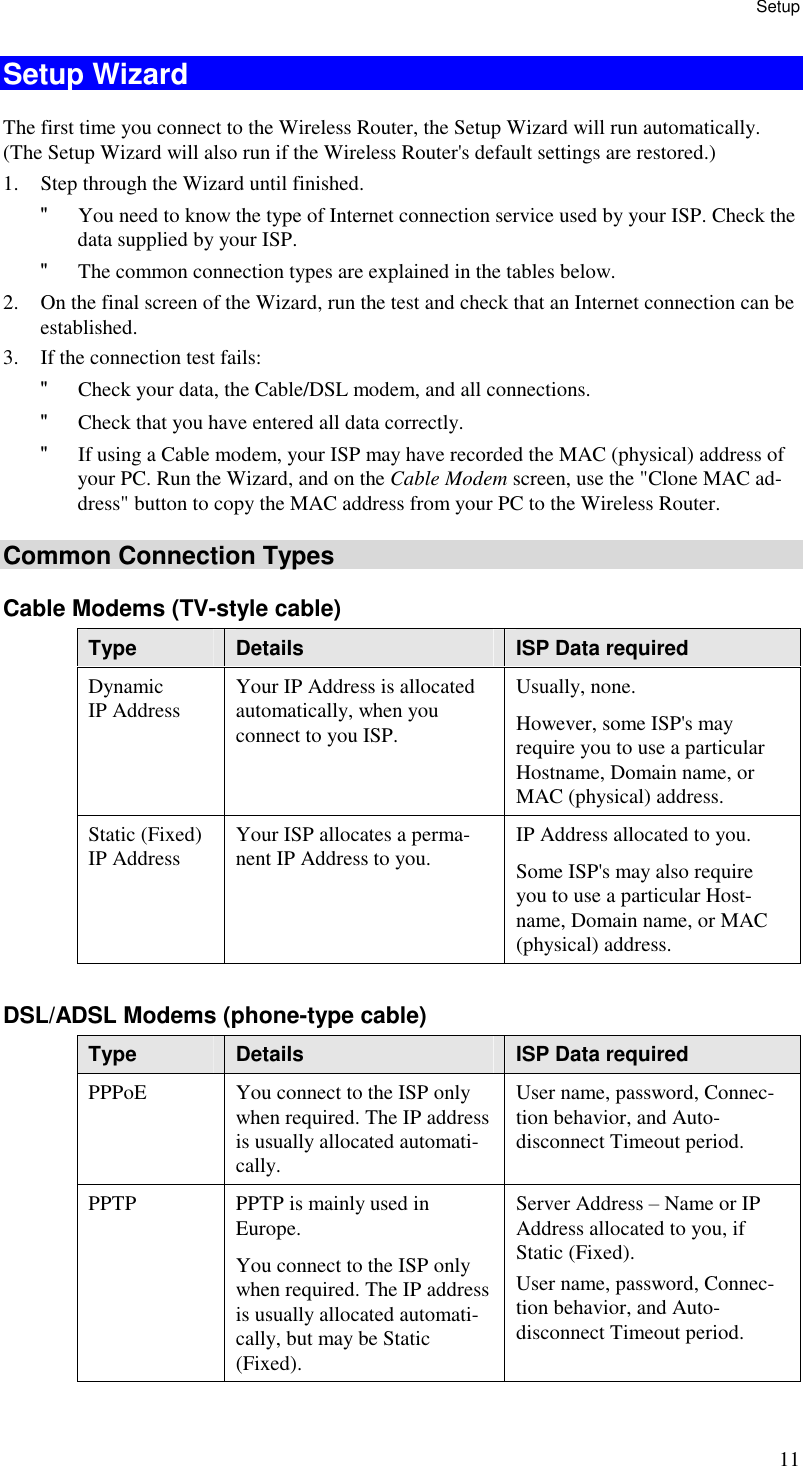 Setup 11 Setup Wizard The first time you connect to the Wireless Router, the Setup Wizard will run automatically. (The Setup Wizard will also run if the Wireless Router&apos;s default settings are restored.) 1. Step through the Wizard until finished.  &quot; You need to know the type of Internet connection service used by your ISP. Check the data supplied by your ISP.  &quot; The common connection types are explained in the tables below. 2. On the final screen of the Wizard, run the test and check that an Internet connection can be established. 3. If the connection test fails: &quot; Check your data, the Cable/DSL modem, and all connections. &quot; Check that you have entered all data correctly. &quot; If using a Cable modem, your ISP may have recorded the MAC (physical) address of your PC. Run the Wizard, and on the Cable Modem screen, use the &quot;Clone MAC ad-dress&quot; button to copy the MAC address from your PC to the Wireless Router. Common Connection Types Cable Modems (TV-style cable) Type  Details  ISP Data required Dynamic IP Address  Your IP Address is allocated automatically, when you connect to you ISP. Usually, none.  However, some ISP&apos;s may require you to use a particular Hostname, Domain name, or MAC (physical) address. Static (Fixed) IP Address  Your ISP allocates a perma-nent IP Address to you.  IP Address allocated to you. Some ISP&apos;s may also require you to use a particular Host-name, Domain name, or MAC (physical) address.  DSL/ADSL Modems (phone-type cable) Type  Details  ISP Data required PPPoE  You connect to the ISP only when required. The IP address is usually allocated automati-cally. User name, password, Connec-tion behavior, and Auto-disconnect Timeout period. PPTP  PPTP is mainly used in Europe. You connect to the ISP only when required. The IP address is usually allocated automati-cally, but may be Static (Fixed). Server Address – Name or IP Address allocated to you, if Static (Fixed). User name, password, Connec-tion behavior, and Auto-disconnect Timeout period. 