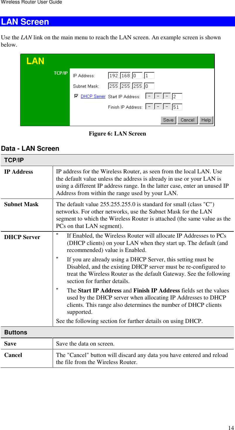 Wireless Router User Guide 14 LAN Screen Use the LAN link on the main menu to reach the LAN screen. An example screen is shown below.  Figure 6: LAN Screen Data - LAN Screen TCP/IP IP Address  IP address for the Wireless Router, as seen from the local LAN. Use the default value unless the address is already in use or your LAN is using a different IP address range. In the latter case, enter an unused IP Address from within the range used by your LAN. Subnet Mask  The default value 255.255.255.0 is standard for small (class &quot;C&quot;) networks. For other networks, use the Subnet Mask for the LAN segment to which the Wireless Router is attached (the same value as the PCs on that LAN segment). DHCP Server  &quot; If Enabled, the Wireless Router will allocate IP Addresses to PCs (DHCP clients) on your LAN when they start up. The default (and recommended) value is Enabled. &quot; If you are already using a DHCP Server, this setting must be Disabled, and the existing DHCP server must be re-configured to treat the Wireless Router as the default Gateway. See the following section for further details. &quot; The Start IP Address and Finish IP Address fields set the values used by the DHCP server when allocating IP Addresses to DHCP clients. This range also determines the number of DHCP clients supported. See the following section for further details on using DHCP. Buttons Save  Save the data on screen. Cancel  The &quot;Cancel&quot; button will discard any data you have entered and reload the file from the Wireless Router.  