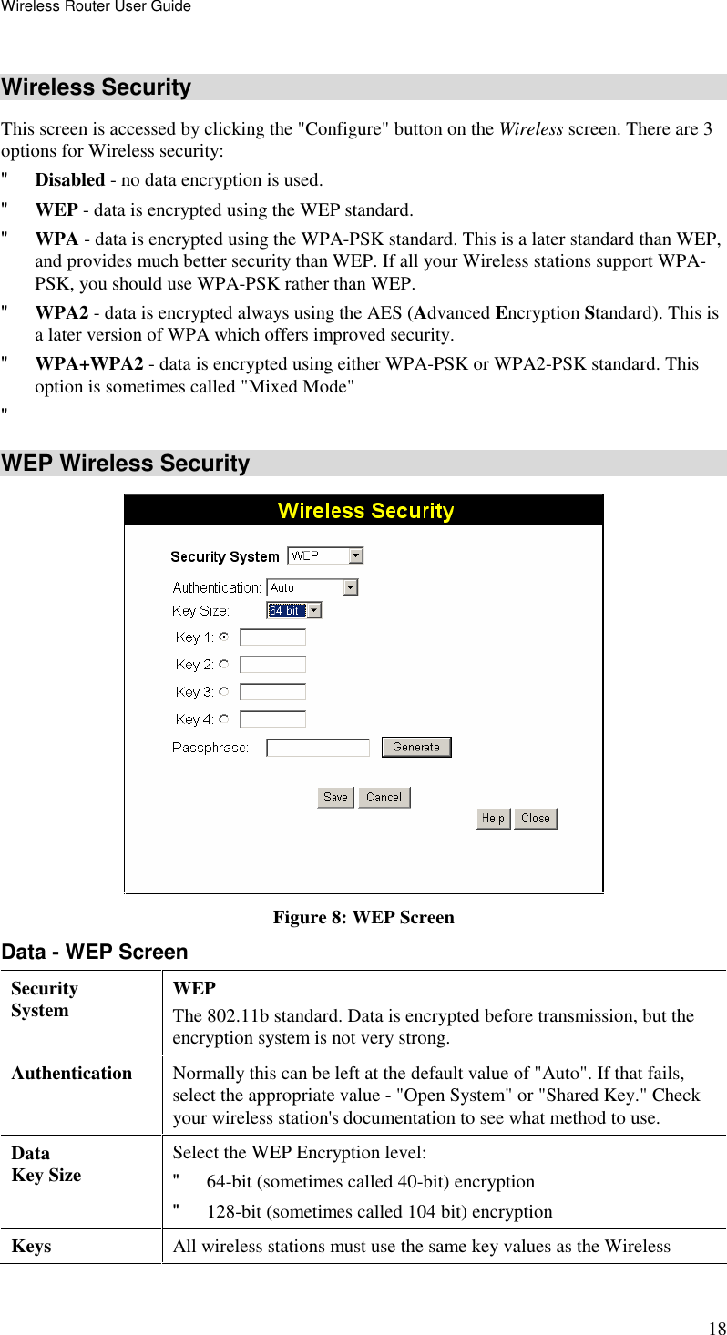 Wireless Router User Guide 18  Wireless Security  This screen is accessed by clicking the &quot;Configure&quot; button on the Wireless screen. There are 3 options for Wireless security: &quot; Disabled - no data encryption is used. &quot; WEP - data is encrypted using the WEP standard. &quot; WPA - data is encrypted using the WPA-PSK standard. This is a later standard than WEP, and provides much better security than WEP. If all your Wireless stations support WPA-PSK, you should use WPA-PSK rather than WEP. &quot; WPA2 - data is encrypted always using the AES (Advanced Encryption Standard). This is a later version of WPA which offers improved security. &quot; WPA+WPA2 - data is encrypted using either WPA-PSK or WPA2-PSK standard. This option is sometimes called &quot;Mixed Mode&quot; &quot;  WEP Wireless Security  Figure 8: WEP Screen Data - WEP Screen Security System  WEP The 802.11b standard. Data is encrypted before transmission, but the encryption system is not very strong. Authentication   Normally this can be left at the default value of &quot;Auto&quot;. If that fails, select the appropriate value - &quot;Open System&quot; or &quot;Shared Key.&quot; Check your wireless station&apos;s documentation to see what method to use. Data Key Size  Select the WEP Encryption level:  &quot; 64-bit (sometimes called 40-bit) encryption  &quot; 128-bit (sometimes called 104 bit) encryption  Keys  All wireless stations must use the same key values as the Wireless 