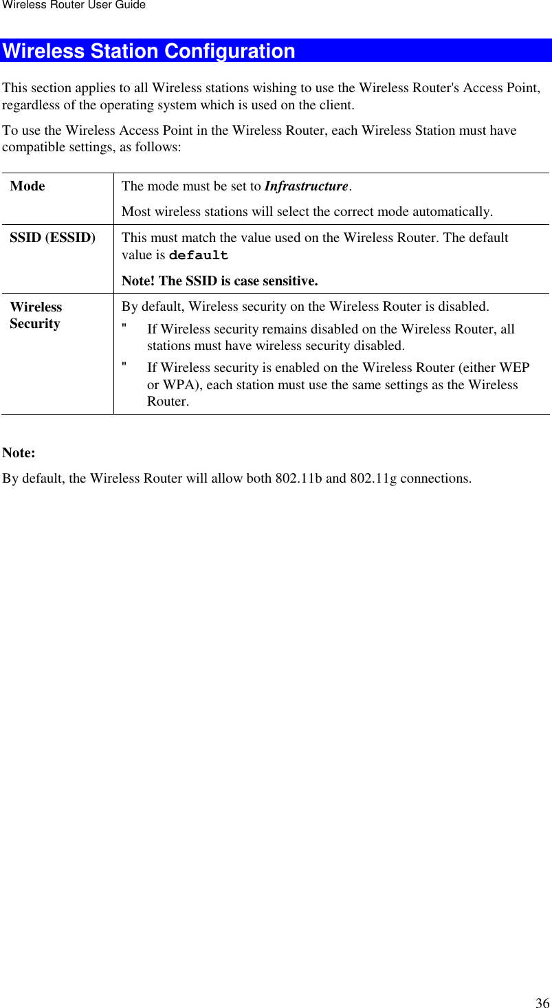 Wireless Router User Guide 36 Wireless Station Configuration This section applies to all Wireless stations wishing to use the Wireless Router&apos;s Access Point, regardless of the operating system which is used on the client. To use the Wireless Access Point in the Wireless Router, each Wireless Station must have compatible settings, as follows: Mode   The mode must be set to Infrastructure. Most wireless stations will select the correct mode automatically. SSID (ESSID)  This must match the value used on the Wireless Router. The default value is default  Note! The SSID is case sensitive. Wireless Security  By default, Wireless security on the Wireless Router is disabled. &quot; If Wireless security remains disabled on the Wireless Router, all stations must have wireless security disabled. &quot; If Wireless security is enabled on the Wireless Router (either WEP or WPA), each station must use the same settings as the Wireless Router.  Note: By default, the Wireless Router will allow both 802.11b and 802.11g connections.  