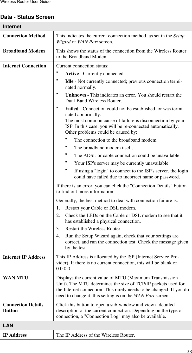 Wireless Router User Guide 38 Data - Status Screen Internet Connection Method  This indicates the current connection method, as set in the Setup Wizard or WAN Port screen. Broadband Modem  This shows the status of the connection from the Wireless Router to the Broadband Modem.  Internet Connection  Current connection status: &quot; Active - Currently connected. &quot; Idle - Not currently connected; previous connection termi-nated normally. &quot; Unknown - This indicates an error. You should restart the Dual-Band Wireless Router.  &quot; Failed - Connection could not be established, or was termi-nated abnormally. The most common cause of failure is disconnection by your ISP. In this case, you will be re-connected automatically. Other problems could be caused by: &quot; The connection to the broadband modem. &quot; The broadband modem itself. &quot; The ADSL or cable connection could be unavailable. &quot; Your ISP&apos;s server may be currently unavailable. &quot; If using a &quot;login&quot; to connect to the ISP&apos;s server, the login could have failed due to incorrect name or password. If there is an error, you can click the &quot;Connection Details&quot; button to find out more information. Generally, the best method to deal with connection failure is: 1. Restart your Cable or DSL modem. 2. Check the LEDs on the Cable or DSL modem to see that it has established a physical connection. 3. Restart the Wireless Router. 4. Run the Setup Wizard again, check that your settings are correct, and run the connection test. Check the message given by the test. Internet IP Address  This IP Address is allocated by the ISP (Internet Service Pro-vider). If there is no current connection, this will be blank or 0.0.0.0. WAN MTU  Displays the current value of MTU (Maximum Transmission Unit). The MTU determines the size of TCP/IP packets used for the Internet connection. This rarely needs to be changed. If you do need to change it, this setting is on the WAN Port screen. Connection Details Button  Click this button to open a sub-window and view a detailed description of the current connection. Depending on the type of connection, a &quot;Connection Log&quot; may also be available. LAN IP Address  The IP Address of the Wireless Router. 