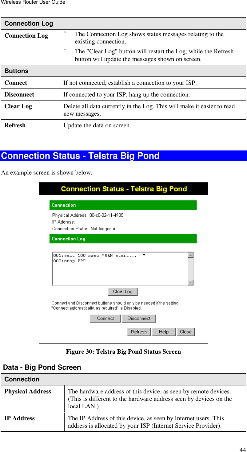 Wireless Router User Guide 44 Connection Log Connection Log  &quot; The Connection Log shows status messages relating to the existing connection. &quot; The &quot;Clear Log&quot; button will restart the Log, while the Refresh button will update the messages shown on screen. Buttons Connect  If not connected, establish a connection to your ISP. Disconnect  If connected to your ISP, hang up the connection. Clear Log  Delete all data currently in the Log. This will make it easier to read new messages. Refresh  Update the data on screen.  Connection Status - Telstra Big Pond An example screen is shown below.  Figure 30: Telstra Big Pond Status Screen  Data - Big Pond Screen Connection  Physical Address  The hardware address of this device, as seen by remote devices. (This is different to the hardware address seen by devices on the local LAN.) IP Address  The IP Address of this device, as seen by Internet users. This address is allocated by your ISP (Internet Service Provider). 