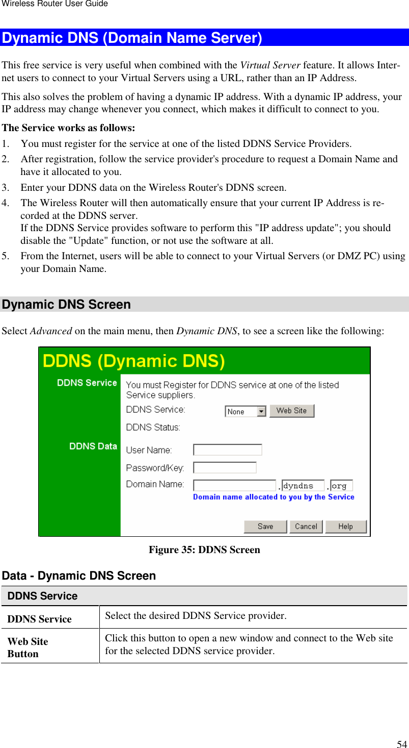 Wireless Router User Guide 54 Dynamic DNS (Domain Name Server) This free service is very useful when combined with the Virtual Server feature. It allows Inter-net users to connect to your Virtual Servers using a URL, rather than an IP Address. This also solves the problem of having a dynamic IP address. With a dynamic IP address, your IP address may change whenever you connect, which makes it difficult to connect to you. The Service works as follows: 1. You must register for the service at one of the listed DDNS Service Providers. 2. After registration, follow the service provider&apos;s procedure to request a Domain Name and have it allocated to you. 3. Enter your DDNS data on the Wireless Router&apos;s DDNS screen. 4. The Wireless Router will then automatically ensure that your current IP Address is re-corded at the DDNS server. If the DDNS Service provides software to perform this &quot;IP address update&quot;; you should disable the &quot;Update&quot; function, or not use the software at all. 5. From the Internet, users will be able to connect to your Virtual Servers (or DMZ PC) using your Domain Name.  Dynamic DNS Screen Select Advanced on the main menu, then Dynamic DNS, to see a screen like the following:  Figure 35: DDNS Screen Data - Dynamic DNS Screen DDNS Service DDNS Service  Select the desired DDNS Service provider.  Web Site Button Click this button to open a new window and connect to the Web site for the selected DDNS service provider. 