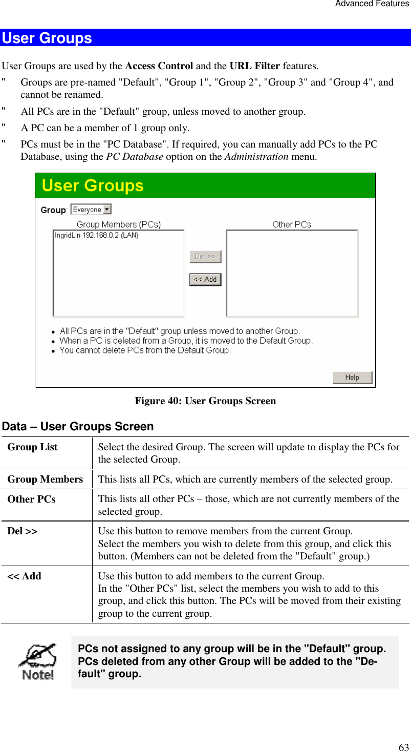 Advanced Features 63 User Groups User Groups are used by the Access Control and the URL Filter features. &quot; Groups are pre-named &quot;Default&quot;, &quot;Group 1&quot;, &quot;Group 2&quot;, &quot;Group 3&quot; and &quot;Group 4&quot;, and cannot be renamed.  &quot; All PCs are in the &quot;Default&quot; group, unless moved to another group.  &quot; A PC can be a member of 1 group only.  &quot; PCs must be in the &quot;PC Database&quot;. If required, you can manually add PCs to the PC Database, using the PC Database option on the Administration menu.   Figure 40: User Groups Screen Data – User Groups Screen Group List  Select the desired Group. The screen will update to display the PCs for the selected Group. Group Members This lists all PCs, which are currently members of the selected group. Other PCs  This lists all other PCs – those, which are not currently members of the selected group. Del &gt;&gt;  Use this button to remove members from the current Group.  Select the members you wish to delete from this group, and click this button. (Members can not be deleted from the &quot;Default&quot; group.) &lt;&lt; Add  Use this button to add members to the current Group. In the &quot;Other PCs&quot; list, select the members you wish to add to this group, and click this button. The PCs will be moved from their existing group to the current group.   PCs not assigned to any group will be in the &quot;Default&quot; group. PCs deleted from any other Group will be added to the &quot;De-fault&quot; group. 