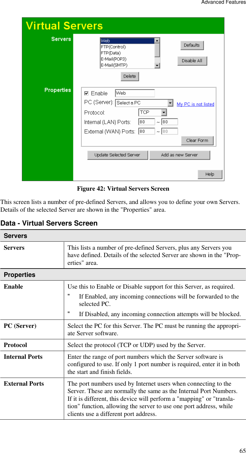 Advanced Features 65  Figure 42: Virtual Servers Screen This screen lists a number of pre-defined Servers, and allows you to define your own Servers. Details of the selected Server are shown in the &quot;Properties&quot; area. Data - Virtual Servers Screen Servers Servers This lists a number of pre-defined Servers, plus any Servers you have defined. Details of the selected Server are shown in the &quot;Prop-erties&quot; area. Properties Enable Use this to Enable or Disable support for this Server, as required.  &quot; If Enabled, any incoming connections will be forwarded to the selected PC. &quot; If Disabled, any incoming connection attempts will be blocked. PC (Server)  Select the PC for this Server. The PC must be running the appropri-ate Server software. Protocol  Select the protocol (TCP or UDP) used by the Server. Internal Ports  Enter the range of port numbers which the Server software is configured to use. If only 1 port number is required, enter it in both the start and finish fields. External Ports  The port numbers used by Internet users when connecting to the Server. These are normally the same as the Internal Port Numbers. If it is different, this device will perform a &quot;mapping&quot; or &quot;transla-tion&quot; function, allowing the server to use one port address, while clients use a different port address. 