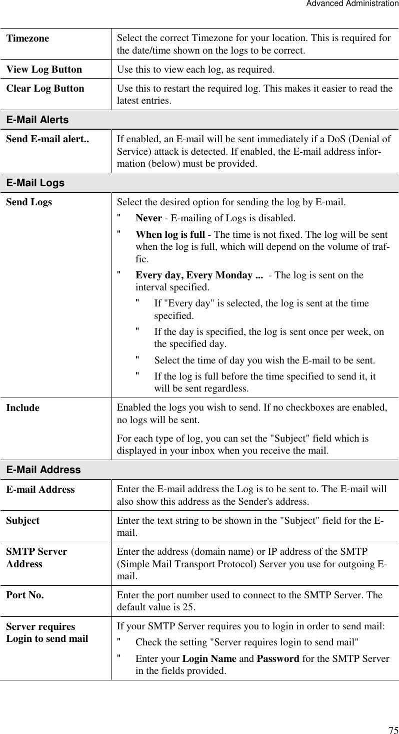 Advanced Administration 75 Timezone  Select the correct Timezone for your location. This is required for the date/time shown on the logs to be correct. View Log Button  Use this to view each log, as required. Clear Log Button  Use this to restart the required log. This makes it easier to read the latest entries. E-Mail Alerts Send E-mail alert..  If enabled, an E-mail will be sent immediately if a DoS (Denial of Service) attack is detected. If enabled, the E-mail address infor-mation (below) must be provided. E-Mail Logs Send Logs  Select the desired option for sending the log by E-mail. &quot; Never - E-mailing of Logs is disabled. &quot; When log is full - The time is not fixed. The log will be sent when the log is full, which will depend on the volume of traf-fic.  &quot; Every day, Every Monday ...  - The log is sent on the interval specified.  &quot; If &quot;Every day&quot; is selected, the log is sent at the time specified.  &quot; If the day is specified, the log is sent once per week, on the specified day.  &quot; Select the time of day you wish the E-mail to be sent.  &quot; If the log is full before the time specified to send it, it will be sent regardless. Include  Enabled the logs you wish to send. If no checkboxes are enabled, no logs will be sent. For each type of log, you can set the &quot;Subject&quot; field which is displayed in your inbox when you receive the mail. E-Mail Address E-mail Address  Enter the E-mail address the Log is to be sent to. The E-mail will also show this address as the Sender&apos;s address. Subject  Enter the text string to be shown in the &quot;Subject&quot; field for the E-mail. SMTP Server Address  Enter the address (domain name) or IP address of the SMTP (Simple Mail Transport Protocol) Server you use for outgoing E-mail.  Port No.  Enter the port number used to connect to the SMTP Server. The default value is 25. Server requires  Login to send mail  If your SMTP Server requires you to login in order to send mail: &quot; Check the setting &quot;Server requires login to send mail&quot; &quot; Enter your Login Name and Password for the SMTP Server in the fields provided.  