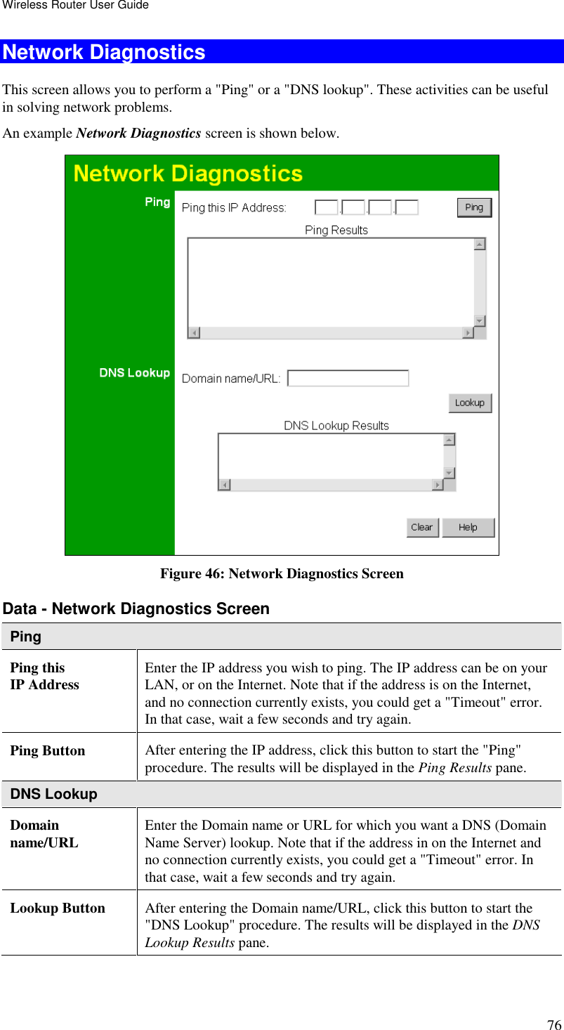 Wireless Router User Guide 76 Network Diagnostics This screen allows you to perform a &quot;Ping&quot; or a &quot;DNS lookup&quot;. These activities can be useful in solving network problems. An example Network Diagnostics screen is shown below.  Figure 46: Network Diagnostics Screen Data - Network Diagnostics Screen Ping Ping this  IP Address  Enter the IP address you wish to ping. The IP address can be on your LAN, or on the Internet. Note that if the address is on the Internet, and no connection currently exists, you could get a &quot;Timeout&quot; error. In that case, wait a few seconds and try again. Ping Button  After entering the IP address, click this button to start the &quot;Ping&quot; procedure. The results will be displayed in the Ping Results pane. DNS Lookup Domain name/URL  Enter the Domain name or URL for which you want a DNS (Domain Name Server) lookup. Note that if the address in on the Internet and no connection currently exists, you could get a &quot;Timeout&quot; error. In that case, wait a few seconds and try again. Lookup Button  After entering the Domain name/URL, click this button to start the &quot;DNS Lookup&quot; procedure. The results will be displayed in the DNS Lookup Results pane.  