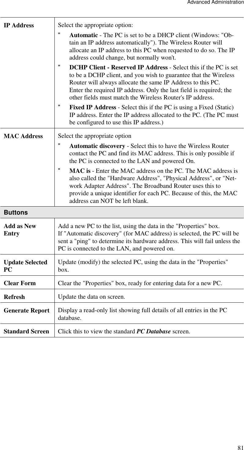 Advanced Administration 81 IP Address  Select the appropriate option: &quot; Automatic - The PC is set to be a DHCP client (Windows: &quot;Ob-tain an IP address automatically&quot;). The Wireless Router will allocate an IP address to this PC when requested to do so. The IP address could change, but normally won&apos;t.  &quot; DCHP Client - Reserved IP Address - Select this if the PC is set to be a DCHP client, and you wish to guarantee that the Wireless Router will always allocate the same IP Address to this PC.  Enter the required IP address. Only the last field is required; the other fields must match the Wireless Router&apos;s IP address.  &quot; Fixed IP Address - Select this if the PC is using a Fixed (Static) IP address. Enter the IP address allocated to the PC. (The PC must be configured to use this IP address.) MAC Address  Select the appropriate option &quot; Automatic discovery - Select this to have the Wireless Router contact the PC and find its MAC address. This is only possible if the PC is connected to the LAN and powered On.  &quot; MAC is - Enter the MAC address on the PC. The MAC address is also called the &quot;Hardware Address&quot;, &quot;Physical Address&quot;, or &quot;Net-work Adapter Address&quot;. The Broadband Router uses this to provide a unique identifier for each PC. Because of this, the MAC address can NOT be left blank. Buttons Add as New Entry  Add a new PC to the list, using the data in the &quot;Properties&quot; box.  If &quot;Automatic discovery&quot; (for MAC address) is selected, the PC will be sent a &quot;ping&quot; to determine its hardware address. This will fail unless the PC is connected to the LAN, and powered on. Update Selected PC   Update (modify) the selected PC, using the data in the &quot;Properties&quot; box. Clear Form  Clear the &quot;Properties&quot; box, ready for entering data for a new PC. Refresh  Update the data on screen. Generate Report Display a read-only list showing full details of all entries in the PC database. Standard Screen Click this to view the standard PC Database screen.  