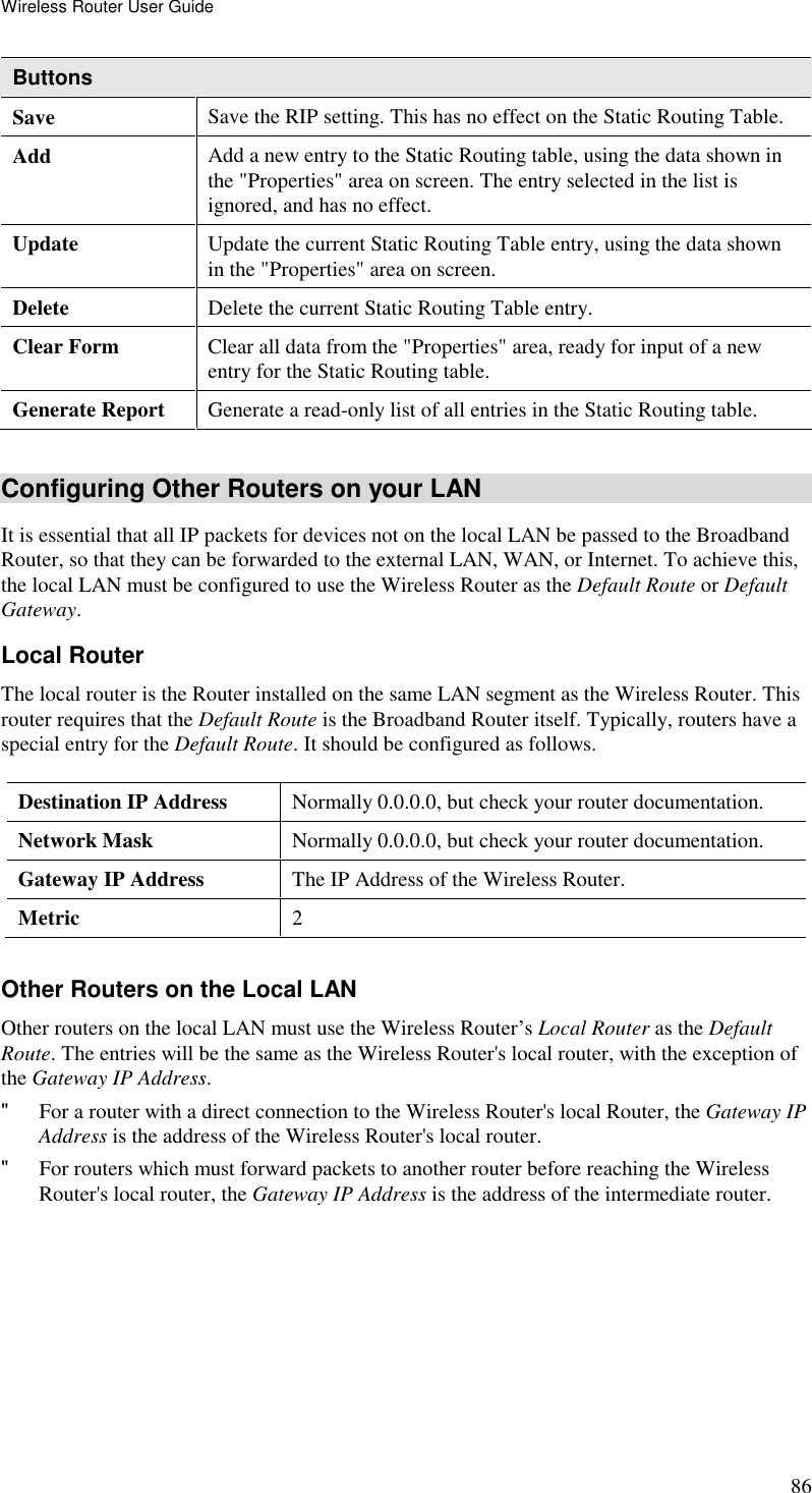 Wireless Router User Guide 86 Buttons Save  Save the RIP setting. This has no effect on the Static Routing Table. Add  Add a new entry to the Static Routing table, using the data shown in the &quot;Properties&quot; area on screen. The entry selected in the list is ignored, and has no effect. Update  Update the current Static Routing Table entry, using the data shown in the &quot;Properties&quot; area on screen. Delete  Delete the current Static Routing Table entry. Clear Form  Clear all data from the &quot;Properties&quot; area, ready for input of a new entry for the Static Routing table. Generate Report  Generate a read-only list of all entries in the Static Routing table.  Configuring Other Routers on your LAN It is essential that all IP packets for devices not on the local LAN be passed to the Broadband Router, so that they can be forwarded to the external LAN, WAN, or Internet. To achieve this, the local LAN must be configured to use the Wireless Router as the Default Route or Default Gateway. Local Router The local router is the Router installed on the same LAN segment as the Wireless Router. This router requires that the Default Route is the Broadband Router itself. Typically, routers have a special entry for the Default Route. It should be configured as follows. Destination IP Address  Normally 0.0.0.0, but check your router documentation. Network Mask   Normally 0.0.0.0, but check your router documentation. Gateway IP Address  The IP Address of the Wireless Router. Metric  2  Other Routers on the Local LAN Other routers on the local LAN must use the Wireless Router’s Local Router as the Default Route. The entries will be the same as the Wireless Router&apos;s local router, with the exception of the Gateway IP Address. &quot; For a router with a direct connection to the Wireless Router&apos;s local Router, the Gateway IP Address is the address of the Wireless Router&apos;s local router. &quot; For routers which must forward packets to another router before reaching the Wireless Router&apos;s local router, the Gateway IP Address is the address of the intermediate router. 