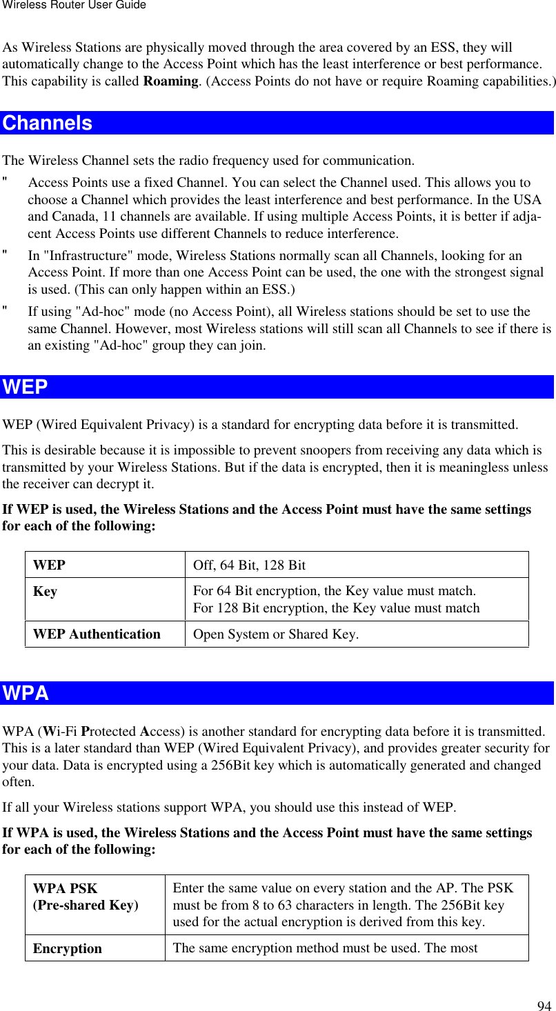 Wireless Router User Guide 94 As Wireless Stations are physically moved through the area covered by an ESS, they will automatically change to the Access Point which has the least interference or best performance. This capability is called Roaming. (Access Points do not have or require Roaming capabilities.) Channels The Wireless Channel sets the radio frequency used for communication.  &quot; Access Points use a fixed Channel. You can select the Channel used. This allows you to choose a Channel which provides the least interference and best performance. In the USA and Canada, 11 channels are available. If using multiple Access Points, it is better if adja-cent Access Points use different Channels to reduce interference. &quot; In &quot;Infrastructure&quot; mode, Wireless Stations normally scan all Channels, looking for an Access Point. If more than one Access Point can be used, the one with the strongest signal is used. (This can only happen within an ESS.) &quot; If using &quot;Ad-hoc&quot; mode (no Access Point), all Wireless stations should be set to use the same Channel. However, most Wireless stations will still scan all Channels to see if there is an existing &quot;Ad-hoc&quot; group they can join. WEP WEP (Wired Equivalent Privacy) is a standard for encrypting data before it is transmitted.  This is desirable because it is impossible to prevent snoopers from receiving any data which is transmitted by your Wireless Stations. But if the data is encrypted, then it is meaningless unless the receiver can decrypt it. If WEP is used, the Wireless Stations and the Access Point must have the same settings for each of the following: WEP  Off, 64 Bit, 128 Bit Key  For 64 Bit encryption, the Key value must match.  For 128 Bit encryption, the Key value must match WEP Authentication  Open System or Shared Key.  WPA WPA (Wi-Fi Protected Access) is another standard for encrypting data before it is transmitted. This is a later standard than WEP (Wired Equivalent Privacy), and provides greater security for your data. Data is encrypted using a 256Bit key which is automatically generated and changed often.  If all your Wireless stations support WPA, you should use this instead of WEP. If WPA is used, the Wireless Stations and the Access Point must have the same settings for each of the following: WPA PSK  (Pre-shared Key)  Enter the same value on every station and the AP. The PSK must be from 8 to 63 characters in length. The 256Bit key used for the actual encryption is derived from this key. Encryption  The same encryption method must be used. The most 