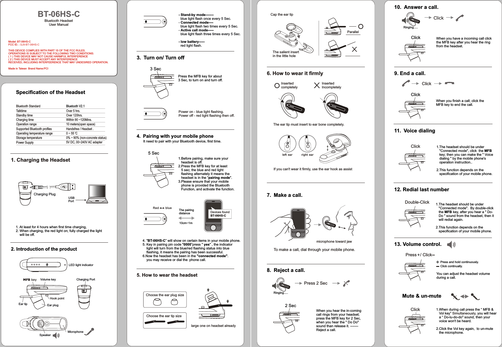 3. Turn on/ Turn off4. Pairing with your mobile phone      It need to pair with your Bluetooth device, first time.5. How to wear the headset4. &quot;BT-06HS-C” will show on certain items in your mobile phone.5. Key in pairing pin code &quot;0000”press &quot; yes&quot; , the indicator     light will turn from the blue/red flashing status into blue     flashing, it means the pairing has been successful.6.Now the headset has been in the &quot;connected mode&quot;.    you may receive or dial the phone call.5 Sec- Stand-by mode-------  blue light flash once every 5 Sec.- Cblue light flash two times every 5 Sec.- Active call mode-----  blue light flash three times every 5 Sec.- low battery-----  red light flash.    onnected mode----  Choose the ear tip sizeChoose the ear plug size3 SecPower on - blue light flashing.  Power off - red light flashing then off.10cm~1mThe pairing distance Devices foundBT-06HS-CRed        bluePress the MFB key for about 3 Sec, to turn on and turn off.1.Before pairing, make sure your    headset is off.2.Press the MFB key for at least    5 sec; the blue and red light    flashing alternately it means the    headset is in the “pairing mode&quot;.3.Please ensure that your mobile    phone is provided the Bluetooth    Function, and activate the function.large one on headset alreadyBluetooth StandardTalktimeStandby timeCharging timeSupported Bluetooth profilesOperating temperature rangeStorage temperatureOperation rangePower SupplyOver 5  .Over 120  Within 90 ~120Mins.10 meters(open space)Handsfree / Headset .Bluetooth V2.1hrshrs.0 ~ 55 &apos;C0% ~ 90% (non-concrete status)5V DC, 00~240V AC adapterSpecification of the Headset1. Charging the Headset 1. At least for 4 hours when first time charging,2. When charging, the red light on; fully charged the light     will be off.2. Introduction of the product  Bluetooth HeadsetUser Manual BT-06HS-CLED light indicator      Speaker Ear plug Hook pointEar tipCharging PortMicrophone      Volume key      MFB keyUSB PortCharging PlugModel: BT-06HS-CFCC ID. : SJ9-BT-06HS-CTHIS DEVICE COMPLIES WITH PART 15 OF THE FCC RULES. OPERATIONS IS SUBJECT TO THE FOLLOWING TWO CONDITIONS: ( 1 ) THIS DEVICE MAY NOT CAUSE HARMFUL INTERFERENCE ( 2 ) THIS DEVICE MUST ACCEPT ANY INTERFERENCERECEIVED, INCLUDING INTERFEERENCE THAT MAY UNDESIRED OPERATION.Made in Taiwan Brand Name:PCICap the ear tip6. How to wear it firmlyXParallelTo make a call, dial through your mobile phone.10. Answer a call. 11. Voice dialing12. Redial last number13. Volume control. Mute &amp; un-mutePress 2 SecIf you can&apos;t wear it firmly, use the ear hook as assist9. End a call.--- - ---- - -Click Double-Click ----------Click ---------- ----------Click---------- ----------1.When during call press the “ MFB &amp;    Vol key”  you will hear    a “ Do-lu-do-do&quot; sound, then your    voice won&apos;t be heard.2.Click the Vol key again,  to un-mute    the microphone.Simultaneously, 7. Make a call.8. Reject a call.              microphone toward jaw----------Inserted completelyX   Inserted    Incompletely   Inserted    Incompletely   Inserted    IncompletelyThe ear tip must insert to ear bone completely.When you hear the in-coming call rings from your headset;press the MFB key for 2 Sec, when you hear the &quot; Do Do&quot; sound than release it. -------Reject a call.2 SecClickClickWhen you finish a call; click the MFB key to end the call.When you have a incoming call clickthe MFB key after you hear the ringfrom the headset.1.The headset should be under    &quot;Connected mode&quot;, click  the MFB    key; then you can make the &quot; Voice    dialing &quot; by the mobile phone&apos;s    operation instruction..2.This function depends on the    specification of your mobile phone.1.The headset should be under    &quot;Connected mode&quot;.  By double-click    the MFB key, after you hear a &quot; Do-   Do &quot; sound from the headset, then it    will redial again.2.This function depends on the    specification of your mobile phone.You can adjust the headset volume during a call.Press   / ClickClickleft ear  right ear The salient insert in the little hole LL  Press and hold continuously.  Click continually.Ringing.....Ringing.....