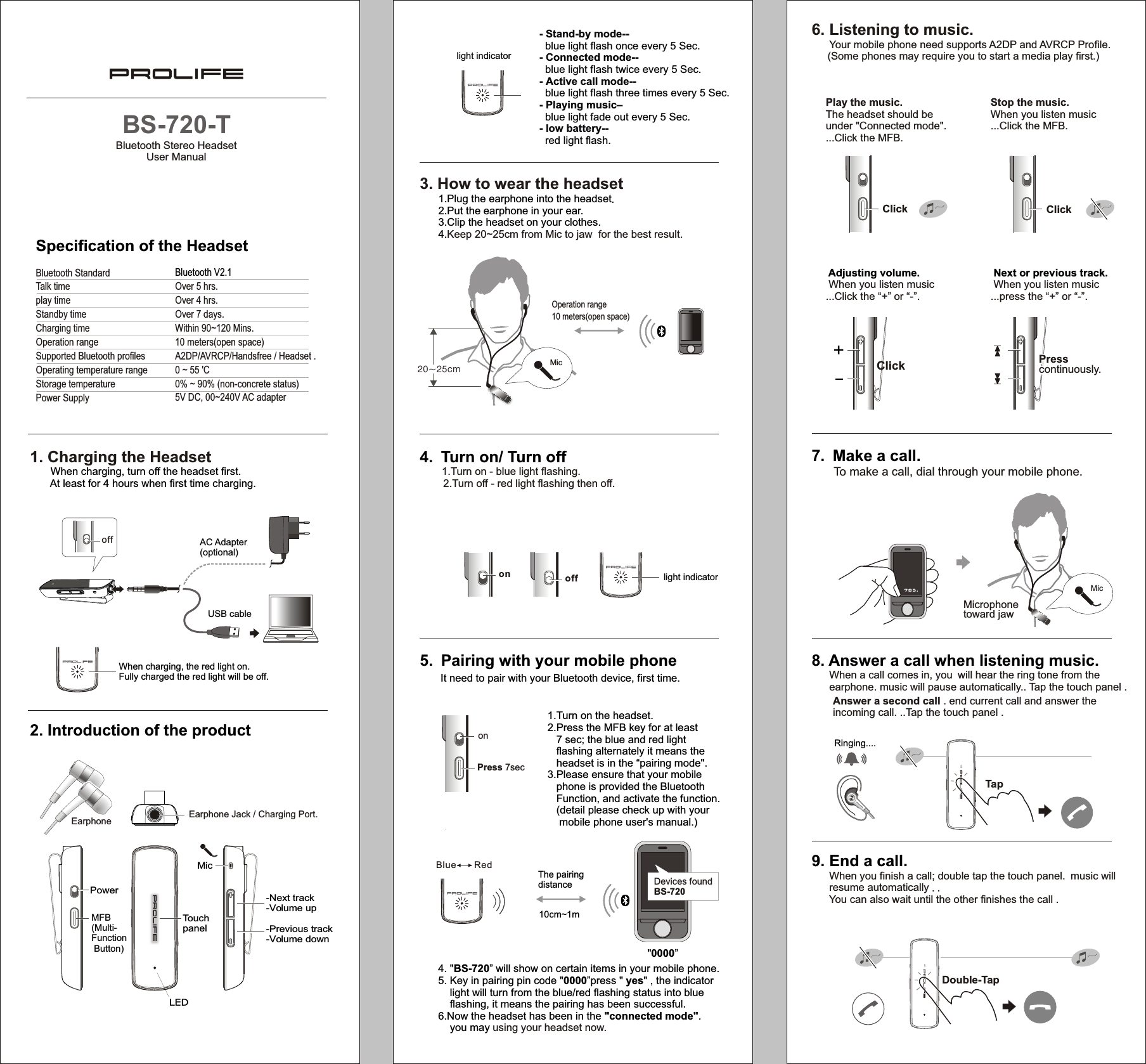  Bluetooth Stereo HeadsetUser Manual BS-720-TSpecification of the HeadsetBluetooth StandardTalk timeplay timeStandby timeCharging timeSupported Bluetooth profilesOperating temperature rangeStorage temperatureOperation rangePower SupplyOver 5  .Over 4  .Over 7 day  Within 90~120 Mins.10 meters(open space)A2DP/AVRCP/Handsfree / Headset .Bluetooth V2.1hrshrss.0 ~ 55 &apos;C0% ~ 90% (non-concrete status)5V DC, 00~240V AC adapter2. Introduction of the productPowerEarphone Jack / Charging Port.Earphone LEDMFB(Multi-Function Button) Mic-Next track-Volume upTouch panel -Previous track-Volume down1. Charging the Headset      When charging, turn off the headset first.       At least for 4 hours when first time charging. When charging, the red light on.ully charged the red light will be off.FAC Adapter(optional)offUSB cable5. Pairing with your mobile phone      It need to pair with your Bluetooth device, first time.4. &quot;BS-720” will show on certain items in your mobile phone.5. Key in pairing pin code &quot;0000”press &quot; yes&quot; , the indicator     light will turn from the blue/red flashing status into blue     flashing, it means the pairing has been successful.6.Now the headset has been in the &quot;connected mode&quot;.    you may using your headset now.10cm~1mThe pairing distance Devices foundBS-7201.Turn on the headset.2.Press the MFB key for at least    7 sec; the blue and red light    flashing alternately it means the    headset is in the “pairing mode&quot;.3.Please ensure that your mobile    phone is provided the Bluetooth    Function, and activate the function.   (detail please check up with your     mobile phone user&apos;s manual.)- Stand-by mode--  blue light flash once every 5 Sec.- Cblue light flash twice every 5 Sec.- Active call mode--  blue light flash three times every 5 Sec.- Playing music–  blue light fade out every 5 Sec.- low battery--  red light flash.    onnected mode--  light indicatorlight indicatorBlue       Red        &quot;0000”on offPress 7secon3. How to wear the headset        20~25cm  Mic Operation range10 meters(open space)7. Make a call.     To make a call, dial through your mobile phone.8. Answer a call when listening music.    When a call comes in, you will hear the ring tone from the       earphone. music will pause automatically.. Tap the touch panel .9. End a call.    When you finish a call; double tap the touch panel. You can also wait until the other finishes the call .music will       resume automatically ..      Double-TapRinging....Tap1.Plug the earphone into the headset.2.Put the earphone in your ear.3.Clip the headset on your clothes.4.Keep 20~25cm from Mic to jaw  for the best result.   785 .Microphone toward jawMic 4. Turn on/ Turn off     1.Turn on - blue light flashing.          2.Turn off - red light flashing then off.6. Listening to music.    Your mobile phone need supports A2DP and AVRCP Profile.   (Some phones may require you to start a media play first.)  Stop the music.When you listen music...Click the MFB.                                     Click Play the music.   The headset should be under &quot;Connected mode&quot;....Click the MFB.Click Click Click Click  Press continuously.Press continuously.Press continuously. Next or previous track. When you listen music...press the “+” or “-”. Adjusting volume. When you listen music...Click the “+” or “-”.Answer a second call . end current call and answer the incoming call. ..  Tap the touch panel .