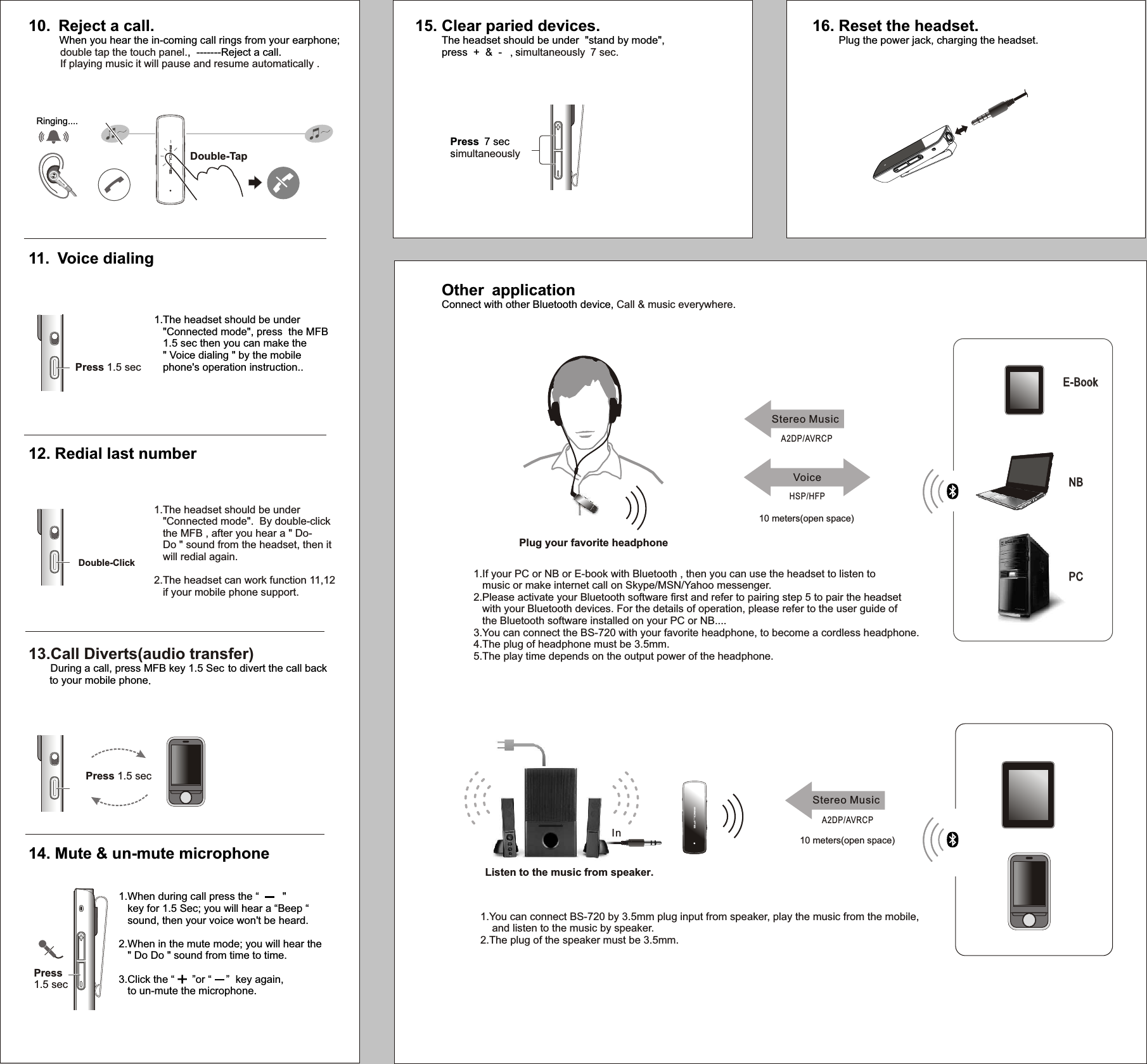 10. Reject a call.       When you hear the in-coming call rings from your earphone;       ,  -------Reject a call.                     double tap the touch panel.If playing music it will pause and resume automatically .16. Reset the headset.      Plug the power jack, charging the headset.                       Other application      Connect with other Bluetooth device, Call &amp; music everywhere.11. Voice dialing1.The headset should be under    &quot;Connected mode&quot;, press  the MFB    1.5 sec then you can make the    &quot; Voice dialing &quot; by the mobile    phone&apos;s operation instruction..Press 1.5 secPress1.5 sec14. Mute &amp; un-mute microphone1.When during call press the “        &quot;    key for 1.5 Sec; you will hear a “Beep “    sound, then your voice won&apos;t be heard.2.When in the mute mode; you will hear the   &quot; Do Do &quot; sound from time to time.3.Click the “      ”or “     ”  key again,    to un-mute the microphone.Press 1.5 secDouble-Click 1.The headset should be under    &quot;Connected mode&quot;.  By double-click    the MFB , after you hear a &quot; Do-   Do &quot; sound from the headset, then it    will redial again.2.The headset can work function 11,12   if your mobile phone support.13.Call Diverts(audio transfer)     During a call, press MFB key 1.5 Sec to divert the call back     to your mobile phone.12. Redial last number Listen to the music from speaker.1.You can connect BS-720 by 3.5mm plug input from speaker, play the music from the mobile,    and listen to the music by speaker.2.The plug of the speaker must be 3.5mm.InRinging....Double-Tap1.If your PC or NB or E-book with Bluetooth , then you can use the headset to listen to    music or make internet call on Skype/MSN/Yahoo messenger. 2.Please activate your Bluetooth software first and refer to pairing step 5 to pair the headset    with your Bluetooth devices. For the details of operation, please refer to the user guide of    the Bluetooth software installed on your PC or NB....3.You can connect the BS-720 with your favorite headphone, to become a cordless headphone.4.The plug of headphone must be 3.5mm.5.The play time depends on the output power of the headphone.A2DP/AVRCPStereo MusicHSP/HFPVoice10 meters(open space)PCPCNBNBE-BookE-BookPlug your favorite headphone15. Clear paried devices.      The headset should be under  &quot;stand by mode&quot;,          press  +  &amp;  -  ,s         imultaneously 7 sec.Press 7 sec simultaneouslyA2DP/AVRCPStereo Music10 meters(open space)