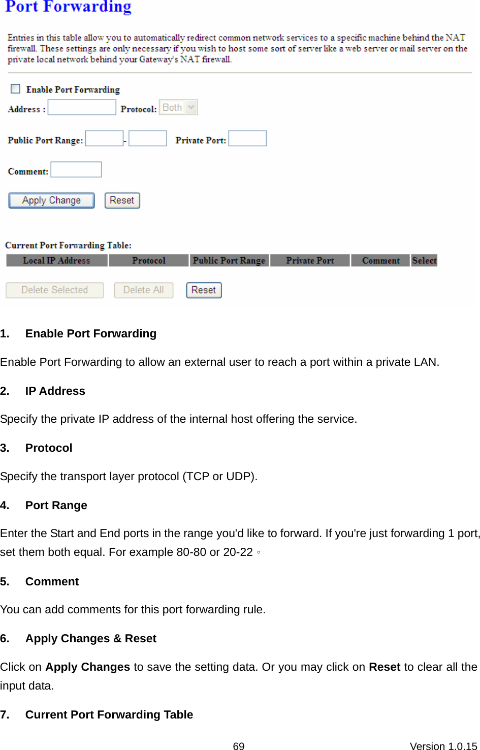 Version 1.0.15 69 1.  Enable Port Forwarding Enable Port Forwarding to allow an external user to reach a port within a private LAN. 2. IP Address Specify the private IP address of the internal host offering the service. 3. Protocol Specify the transport layer protocol (TCP or UDP). 4. Port Range Enter the Start and End ports in the range you&apos;d like to forward. If you&apos;re just forwarding 1 port, set them both equal. For example 80-80 or 20-22。 5. Comment You can add comments for this port forwarding rule. 6.  Apply Changes &amp; Reset Click on Apply Changes to save the setting data. Or you may click on Reset to clear all the input data. 7.  Current Port Forwarding Table 