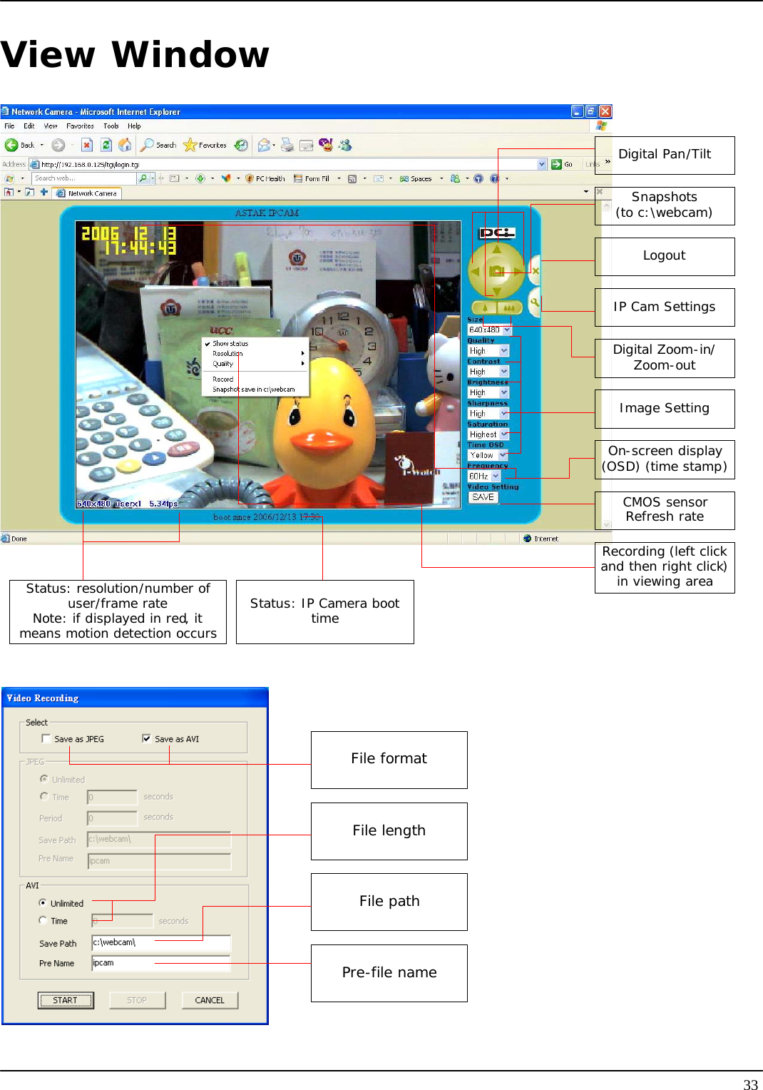   33View Window Digital Pan/TiltSnapshots (to c:\webcam)LogoutIP Cam SettingsDigital Zoom-in/Zoom-outImage SettingOn-screen display (OSD) (time stamp)CMOS sensor Refresh rateStatus: resolution/number of user/frame rateNote: if displayed in red, it means motion detection occursStatus: IP Camera boot timeRecording (left click and then right click) in viewing area  File formatFile lengthFile pathPre-file name 